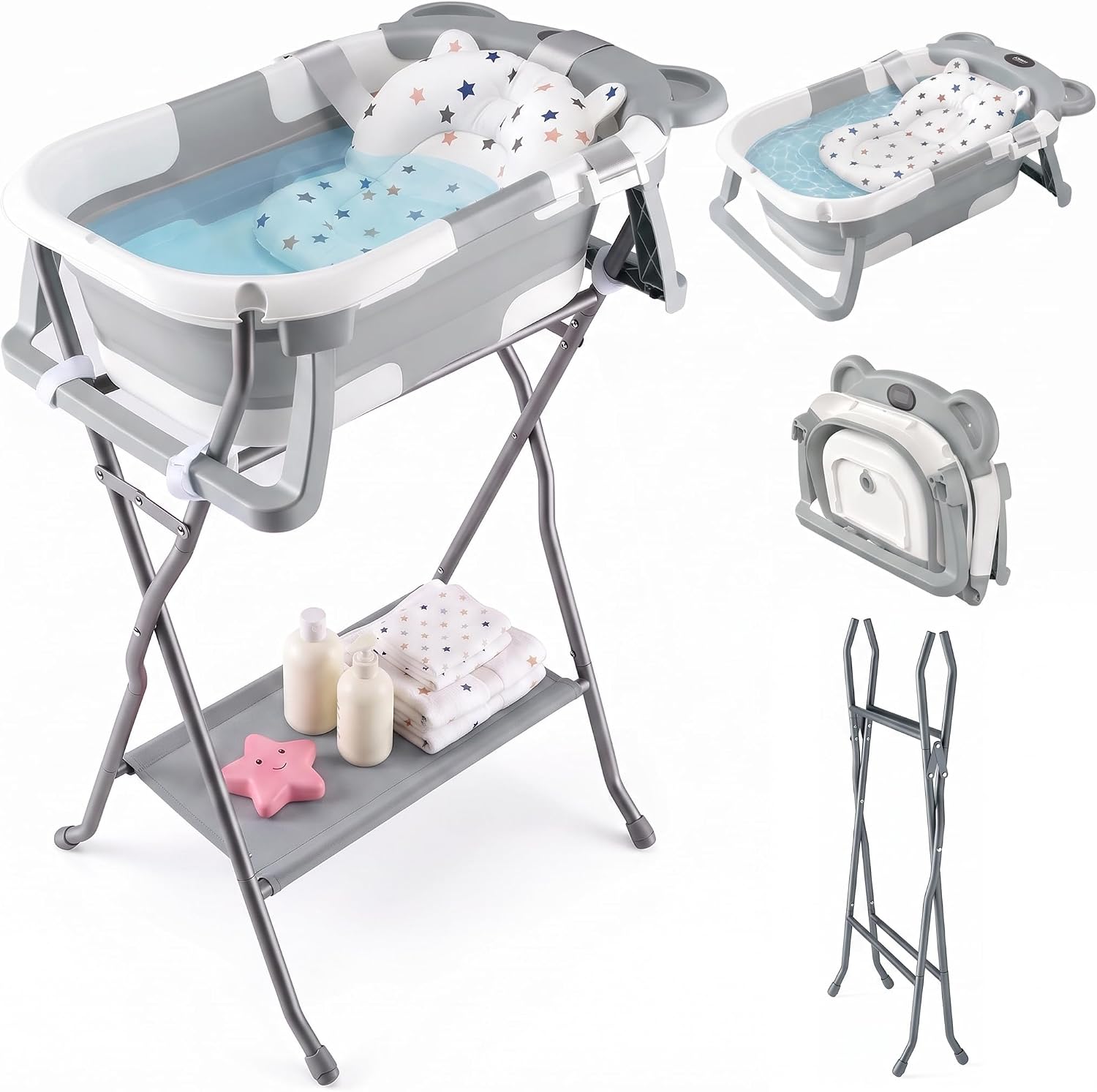 Foldable Baby Bath Tub with Stand, 3‑in‑1 Bathtub with Thermometer & Support Mat, Raised Stand for Back Relief, Multi‑Use for Baby(0‑18M), Pet Bathing & Clothes Drying