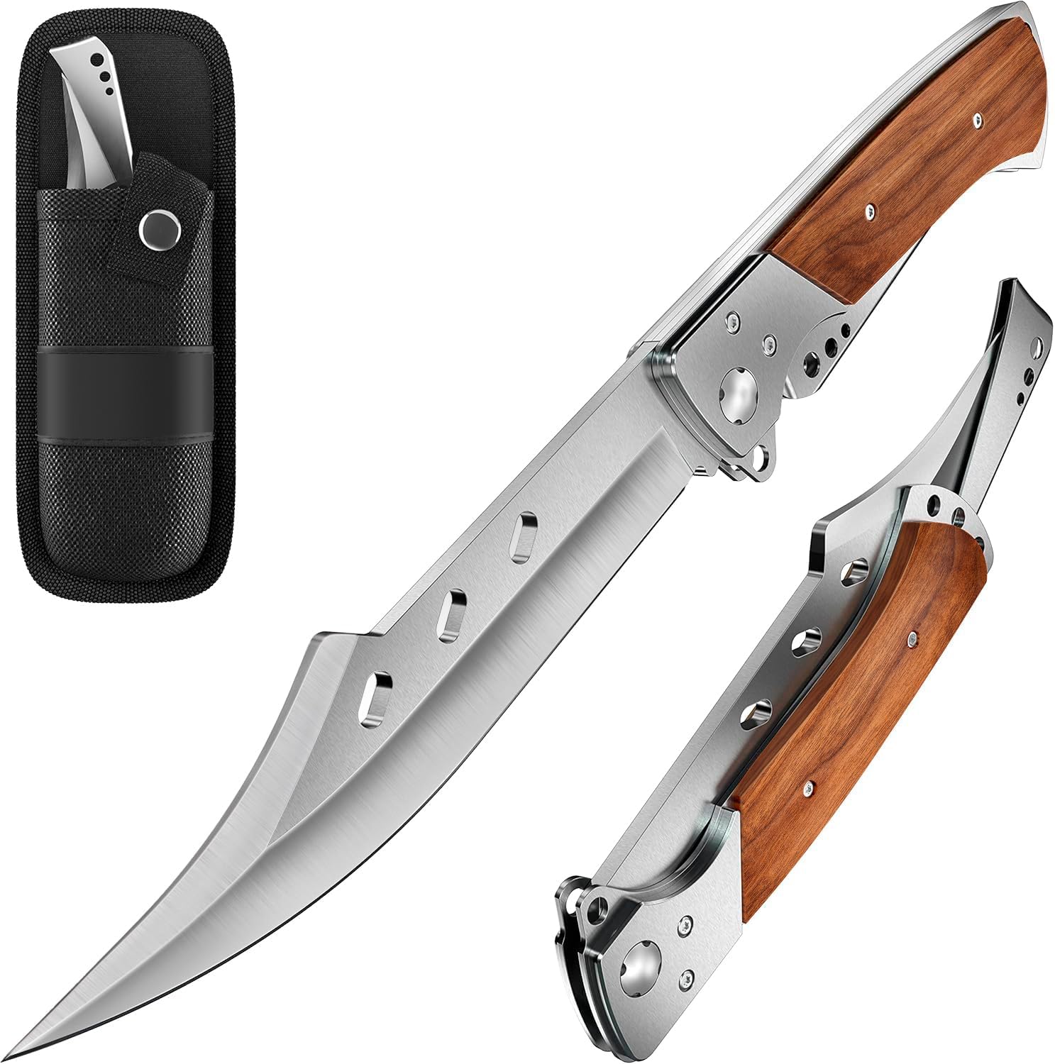 Grand Way Long Blade Folding Knife - Sharp Hunting Hiking Camping Tactical Survival Work Knives for Men Women - Foldable Large Knife with Rosewood Handle - Stocking Stuffers Gifts 4172