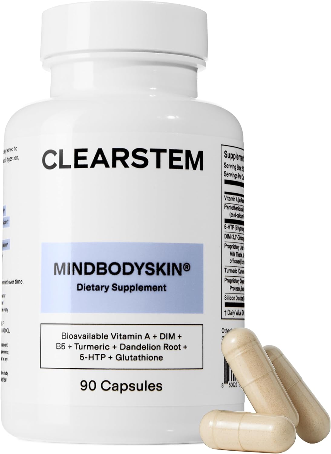 CLEARSTEM - MINDBODYSKIN Hormonal Acne Supplement (5-HTP) - Natural DIM Supplement - Skin Care Vitamins - Hormone Balance, Antioxidants - Vegan, Gluten Free, Cruelty Free - 30 Servings, 90 Capsules