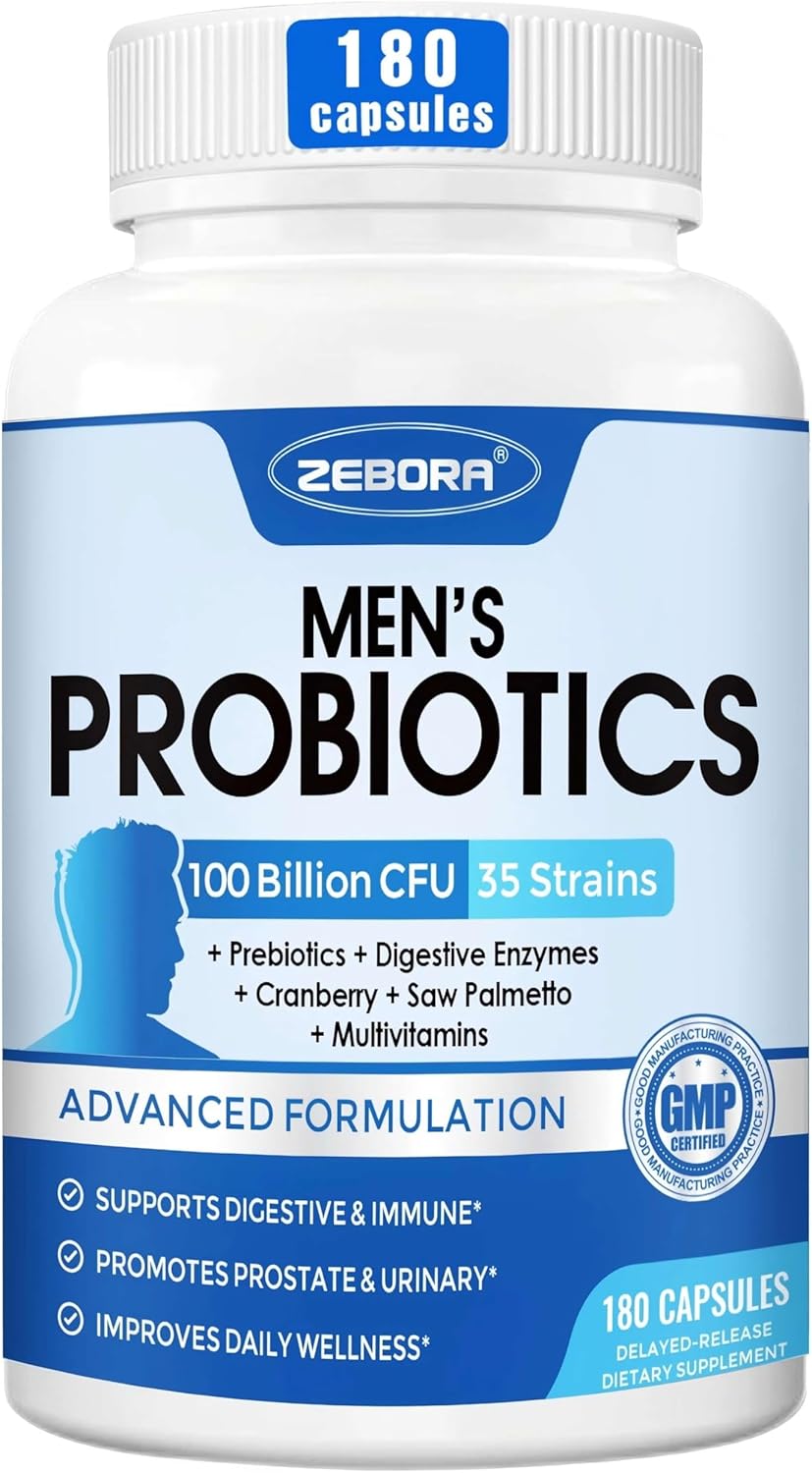 ZEBORA Probiotics for Men - 100 Billion CFU, Men's Probiotics for Gut Health, Prebiotics + Enzymes + Saw Palmetto + Cranberry, Daily Probiotic for Digestive Health, 180 Caps