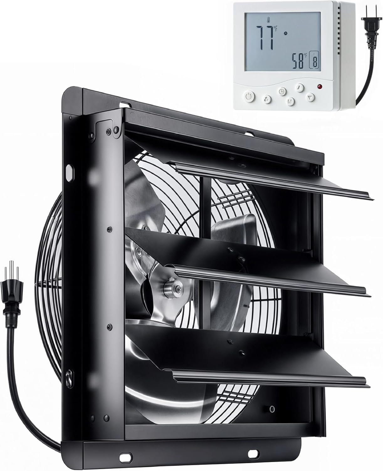 InoKraft Shutter Exhaust Fan with Wireless Control Panel, 12'' Wall Mount Attic Fan with Temperature Controller, 1500 CFM, 8-Speed Adjustable, Ventilation for Attic, Garage, Greenhouse, Chicken Coop