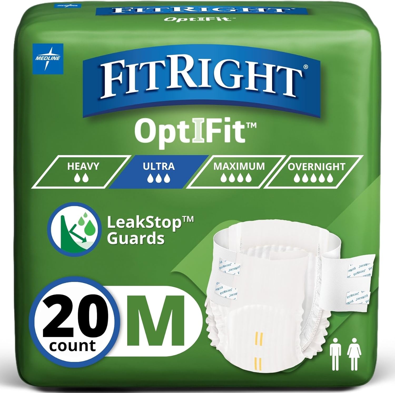 FitRight Ultra Adult Diapers, Disposable Incontinence Briefs, Leak-Proof Diaper, Absorbent Briefs For Men and Women, Maximum Protection, Medium, 32 – 44 in, 20 briefs per bag
