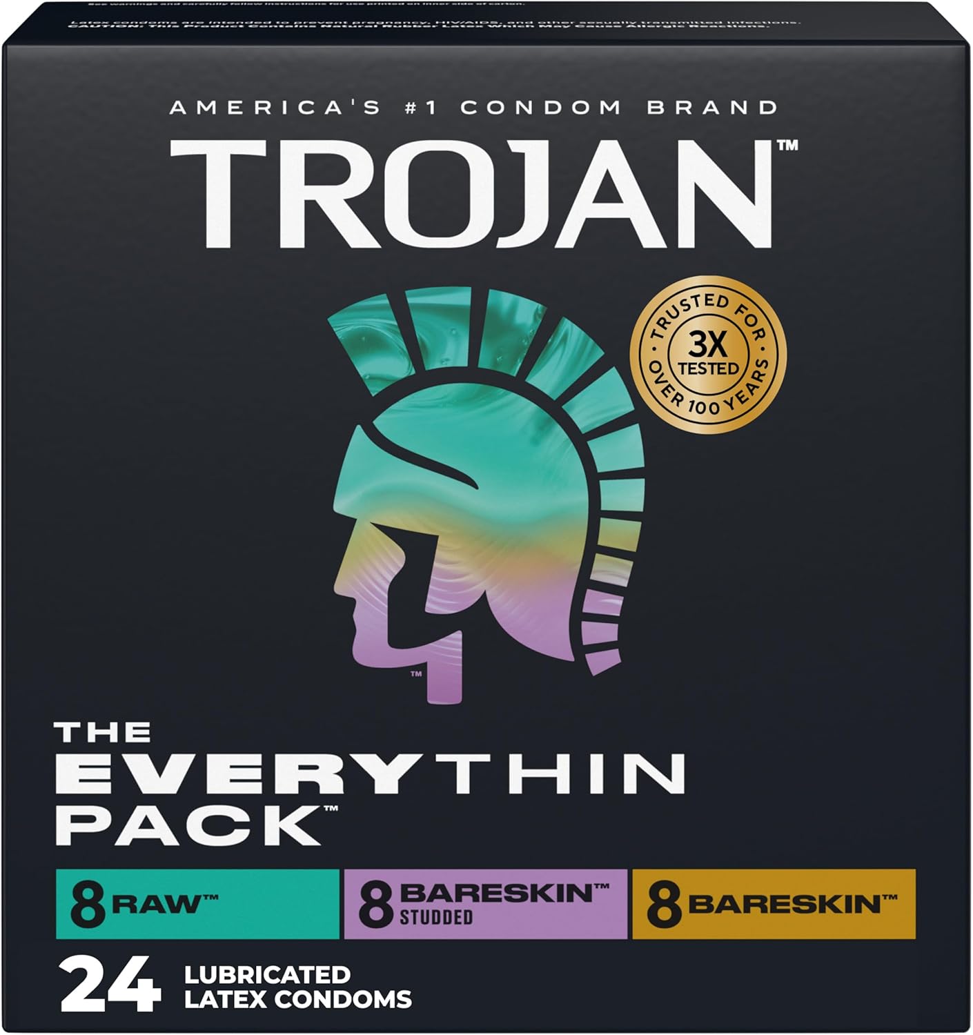 Trojan The Everythin Pack, Assorted Latex Lubricated Thin Condoms Variety Pack, Raw, Bareskin, Bareskin Studded, Premium Latex to Help Reduce Risk of Pregnancy and STIs, 24 Count