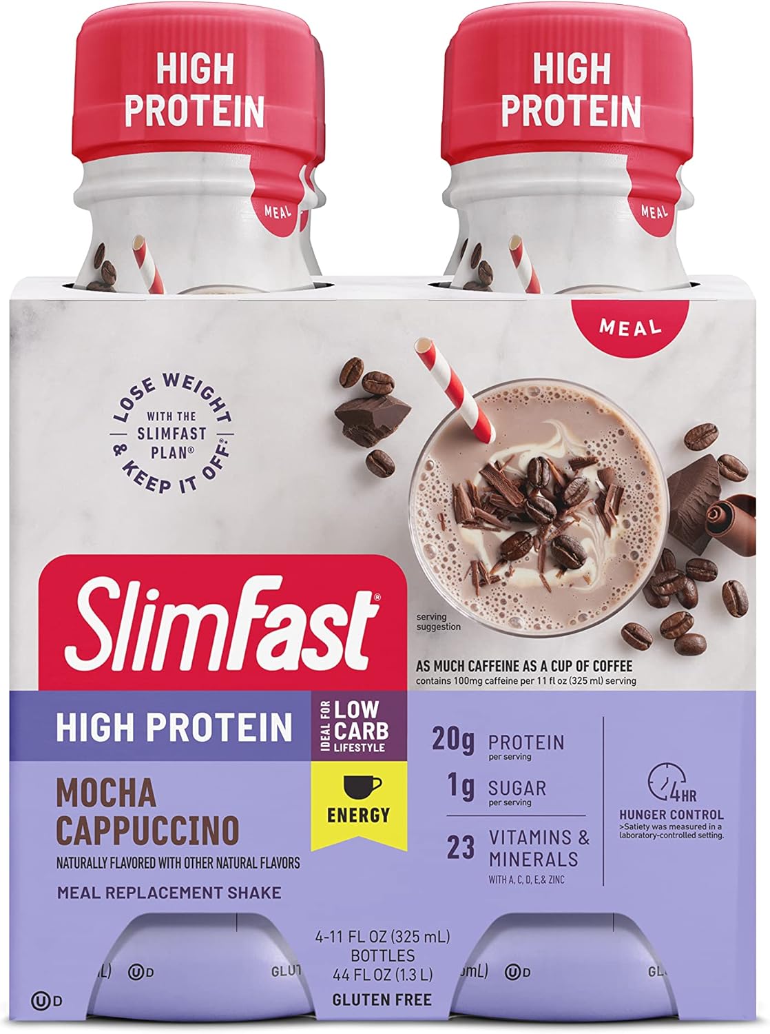 SlimFast Advanced Energy High Protein Meal Replacement Shake, Mocha Cappuccino, 20g of Ready to Drink Protein with Caffeine, 11 Fl. Oz Bottle, 4 Count (Packaging May Vary)