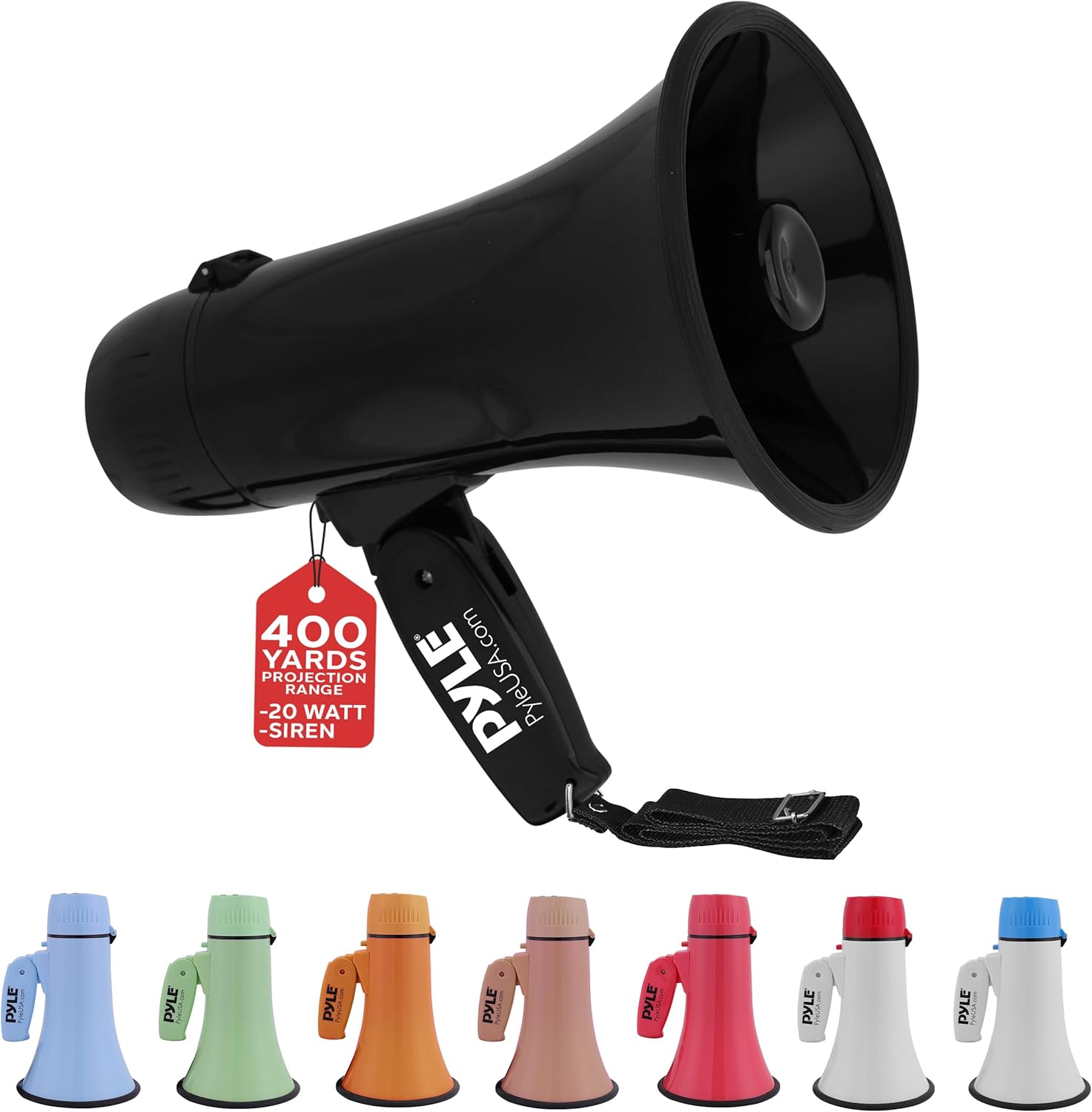 Pyle 20W Megaphone Bullhorn Speaker – Portable Handheld Loud Speaker with Adjustable Volume & Siren – Compact, Powerful Bull Horn for Announcements, Events, Sports & Public Address