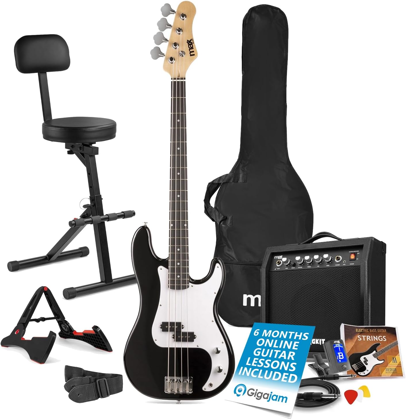 Max GigKit Complete Electric Bass Guitar Starter Pack, Black with 40W Amplifier, Accessories & GST15 Folding Musician Stool with Backrest ideal for Beginners & Advanced Players