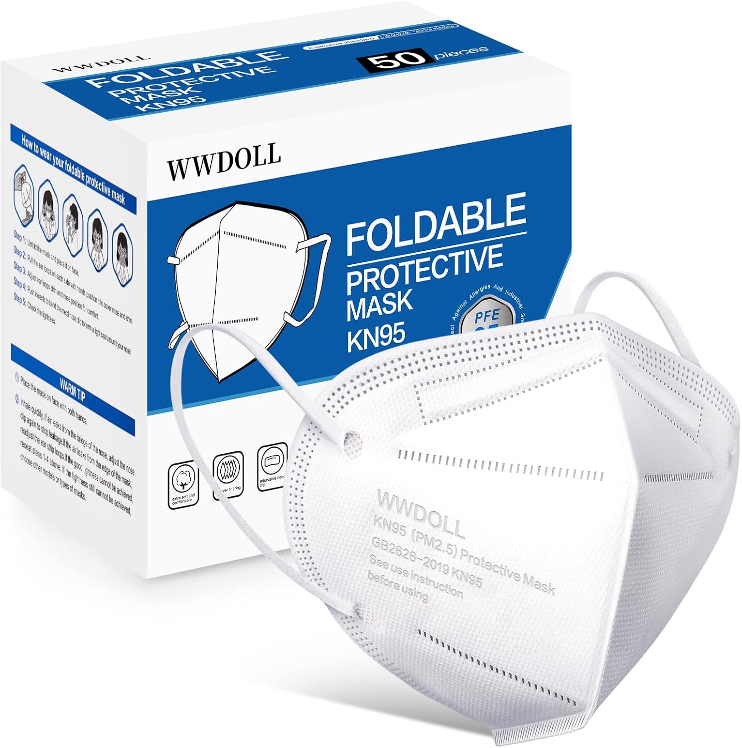 WWDOLL KN95 Face Mask 50 Pack, KN95 Masks 5-Layer Breathable Mask with Elastic Earloop and Nose Bridge Clip, Disposable Respirator Protection Against PM2.5 White