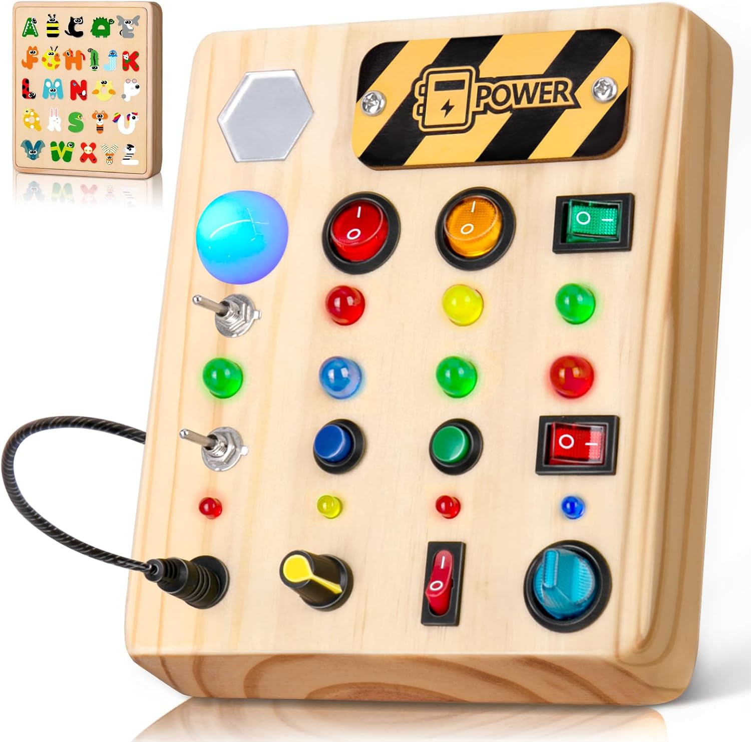 LED Busy Board, Wooden Sensory Toys for Toddler, Montessori Music Toy for Airplane, Travel Activity Educational Learning Toy, Busy Light Switch Autism Toys, Birthday Boys Girls Gifts