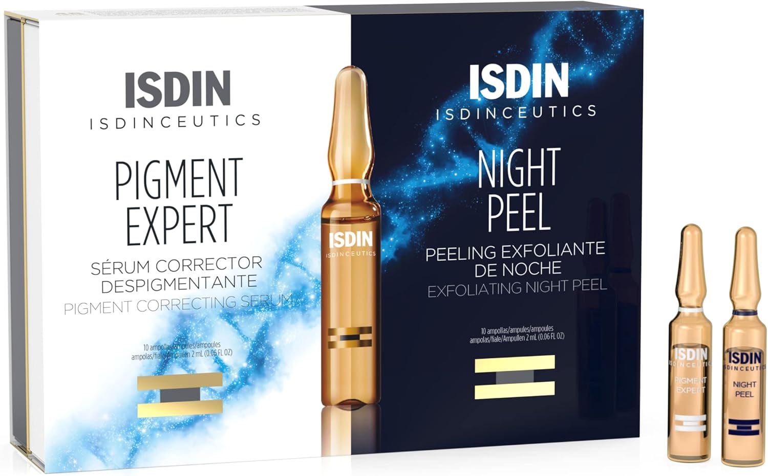 ISDIN Isdinceutics Anti-Dark Spot Pigment Expert (10 ampoules) and Night Peel (10 ampoules) | Pigment Correcting Serum and Exfoliating Night Peel
