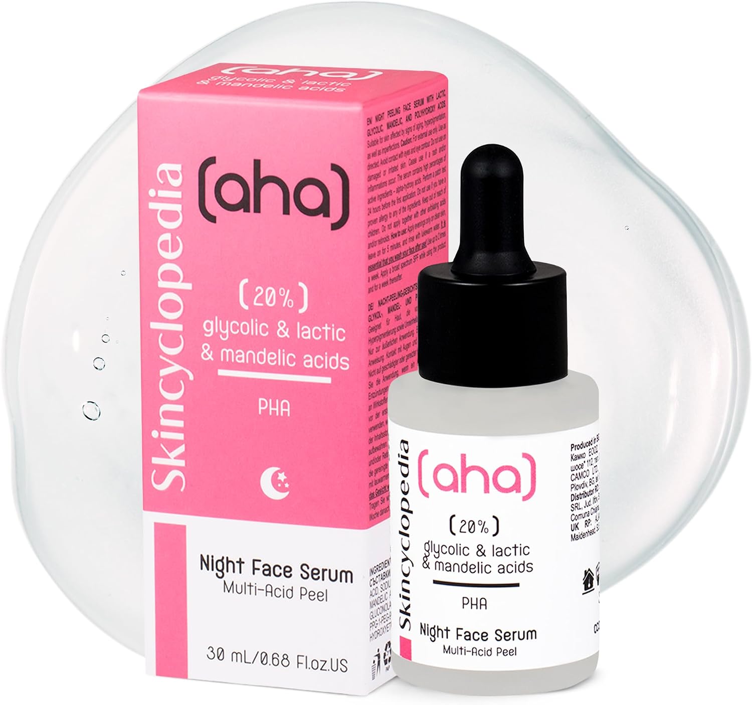 Skincyclopedia AHA Exfoliating Night Serum with 20% Lactic, Glycolic and Mandelic Acid and PHA - Chemical Peel Solution for Spots, Hyperpigmentation, Acne Scars and Pores - for Men and Women, 30ml