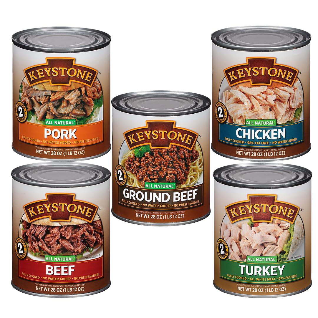Keystone Meats 5 Can Variety Pack (Beef, Chicken, Pork, Turkey, Ground Beef) Fully Cooked, Ready to Eat Canned Meat for Everyday Meals, Emergency, Camping, Pantry Staple 5 Years Shelf Life 28oz Each