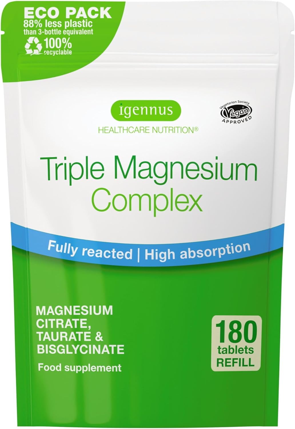 Igennus Superior Triple Magnesium Complex, 90 Servings, 2000mg Glycinate, Citrate & Taurate, Clean Label & Chelated, 262mg Elemental Magnesium, Vegan, 180 Tablets for Women & Men