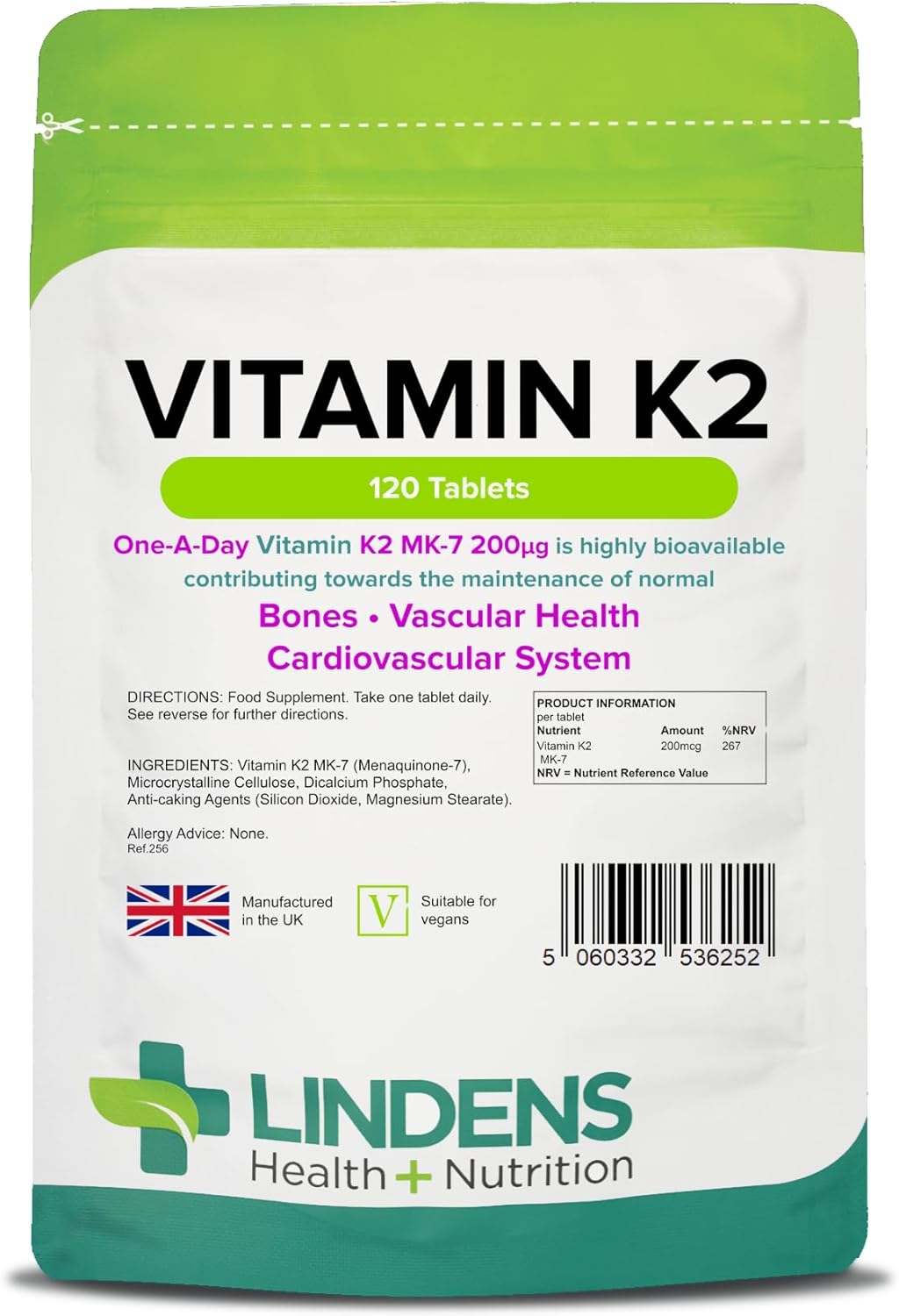 Lindens - Vitamin K2 200mcg, 120 Tablets - 1 a Day, UK Made - Highly Bioavailable - Bone, Vascular Health & Cardiovascular System - Menaquinon MK-7 - Letterbox Friendly, Vegan