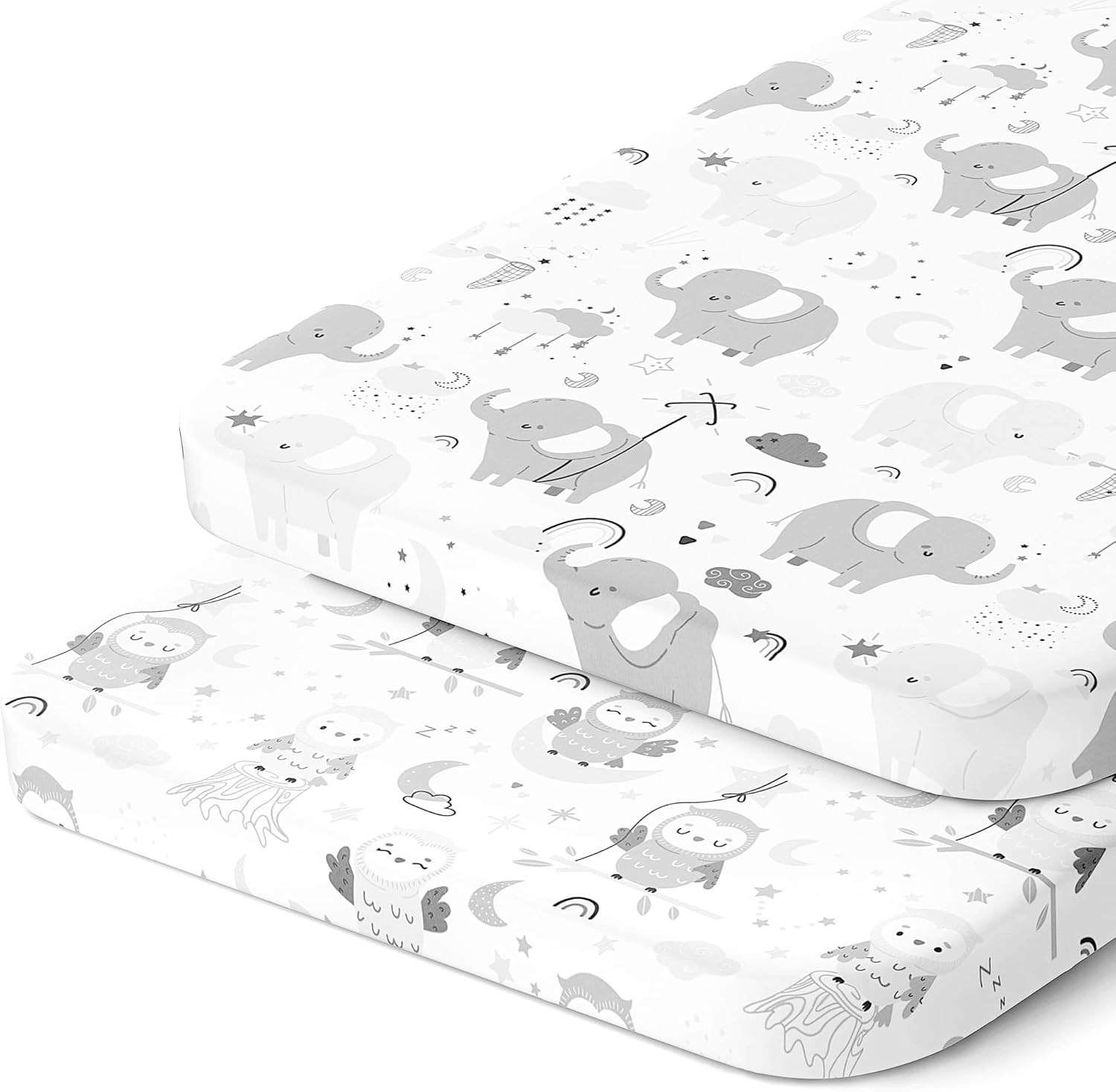 Cradle Sheets Fitted 18 x 36 Inch – Snuggly Soft 100% Jersey Cotton – Grey Elephants, Owls, Stars, Clouds, Moons for Baby Boy and Girl – 2 Pack