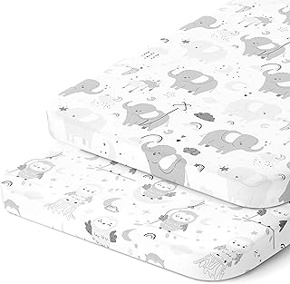 Cradle Sheets Fitted 18 x 36 Inch – Snuggly Soft 100% Jersey Cotton – Grey Elephants, Owls, Stars, Clouds, Moons for Baby Boy and Girl – 2 Pack