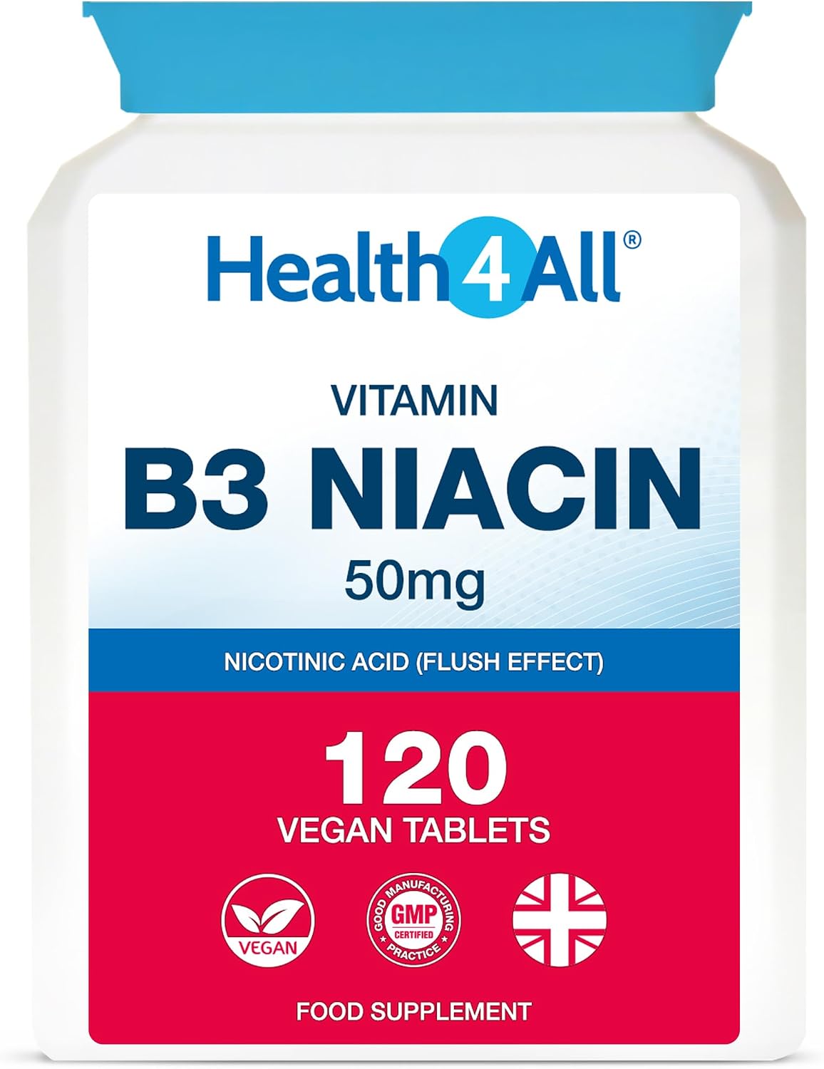 Vitamin B3 Niacin as Nicotinic Acid 50mg, 120 Tablets, Flush Effect