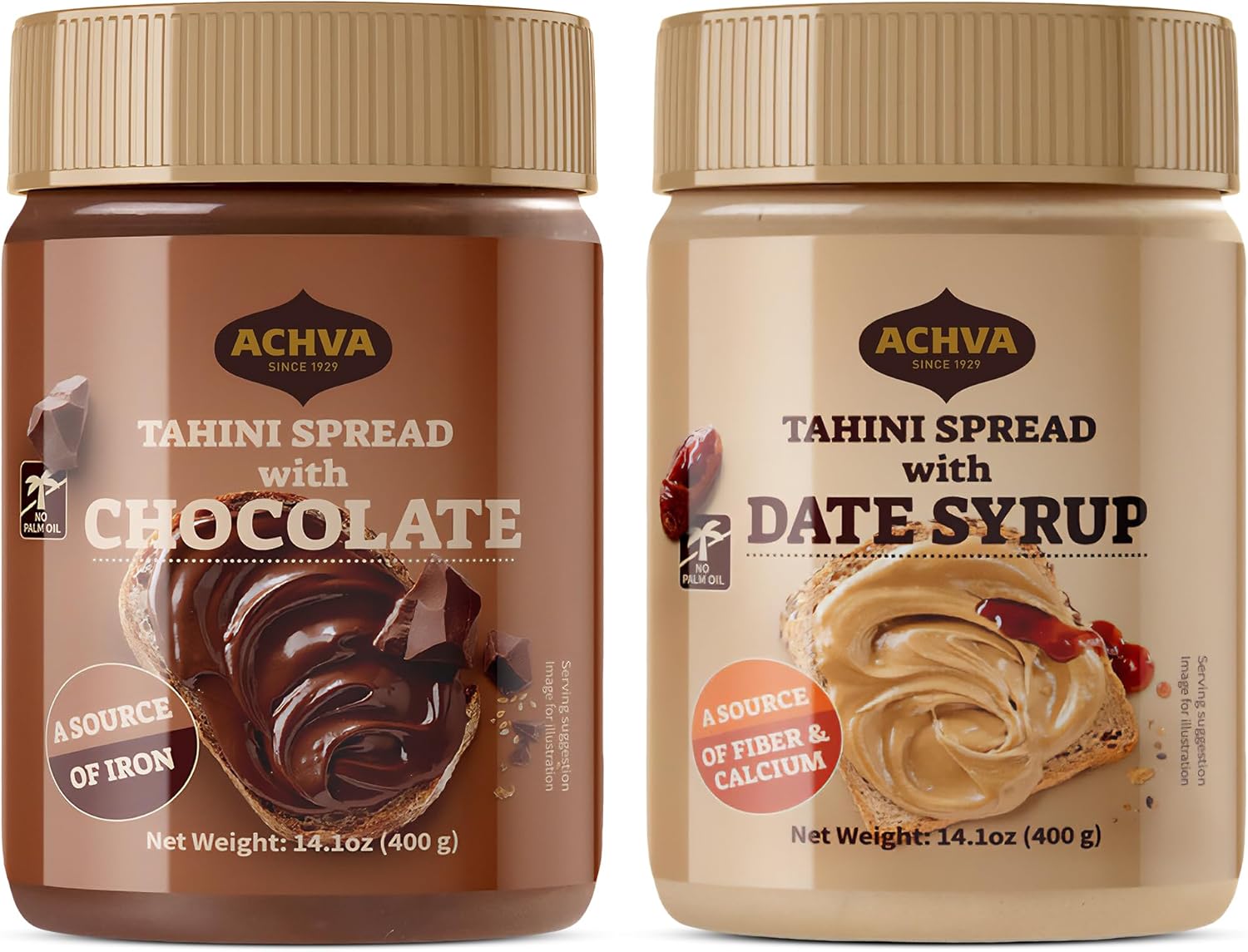 Achva Sesame and Chocolate & Sesame and Date Syrup - 2 x 400G Kosher Spreadable Tahini Chocolate and Date Syrup - Made from Natural Sesame Paste Tahini Snack.