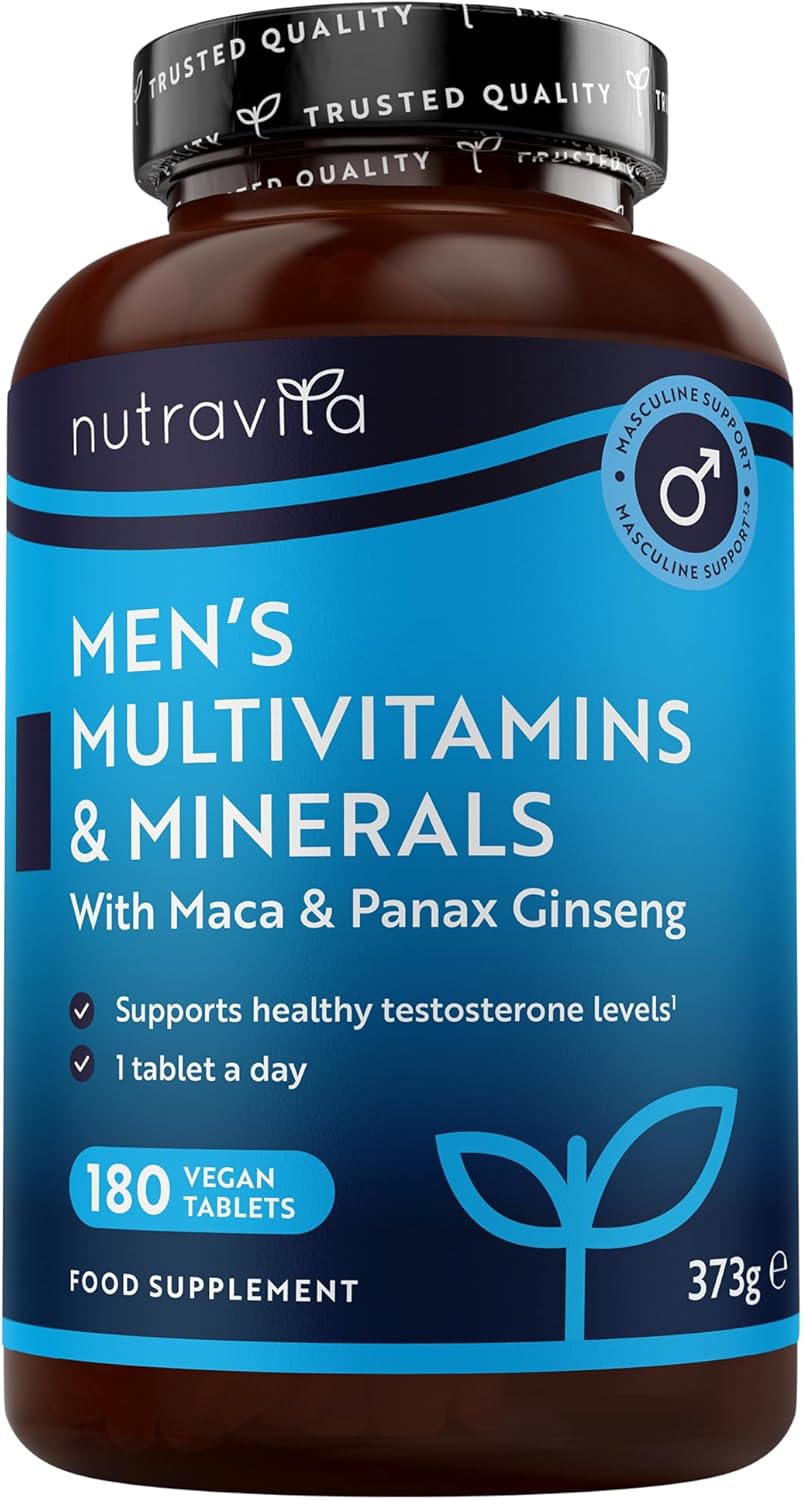 Nutravita Men's Multivitamins and Minerals - 25 Essential Active Vitamins and Minerals with Added Maca Root and Panax Ginseng - Multivitamin Tablets for Men - 180 Vegan Tablets - Made in The UK