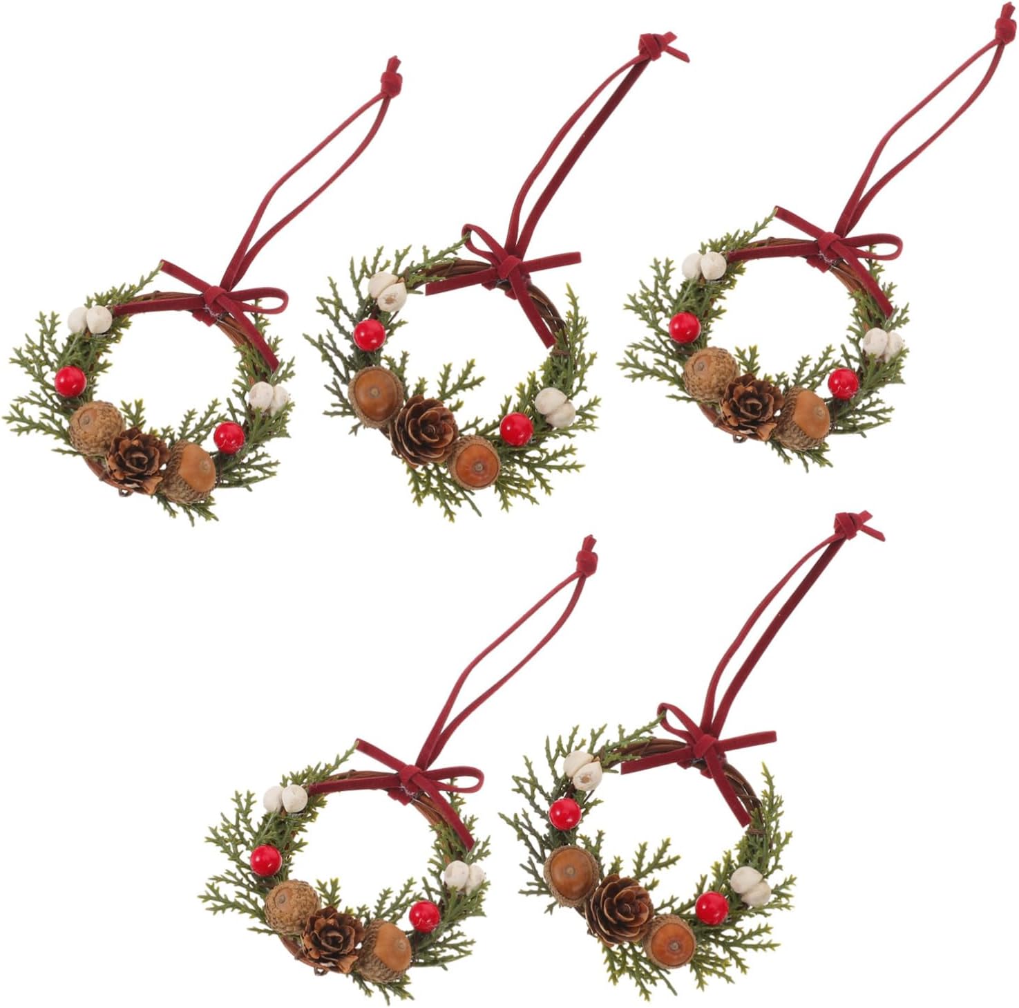 ULTECHNOVO 5pcs Miniature Christmas Wreaths for Dollhouse and Small Farmhouse Decor Artificial Greenery Ornaments Elegant Mini Hanging Wreaths for Xmas Party Decorations and Window Door