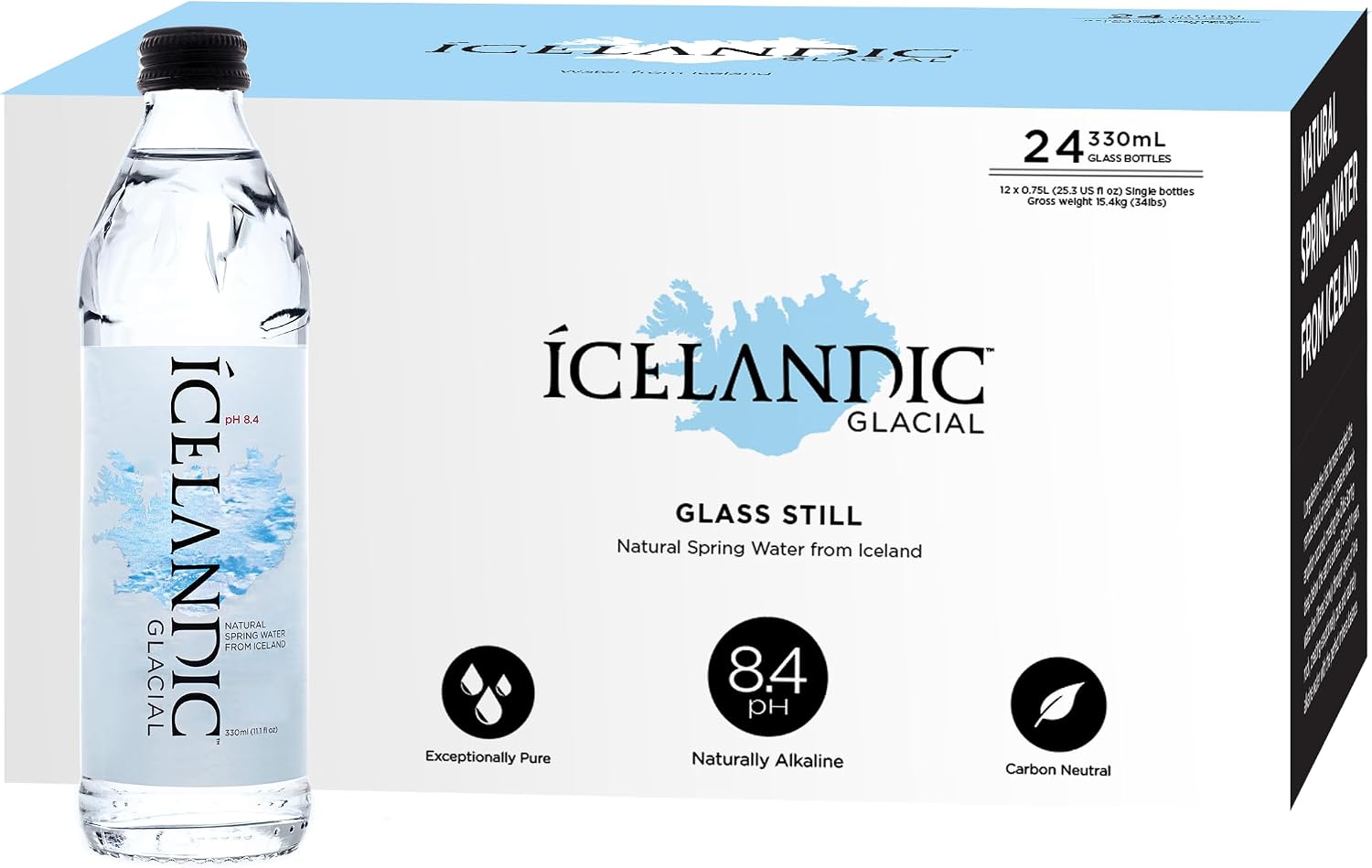 Icelandic Glacial Premium Still Water 330ml Glass Bottles x 24 Per Pack – Alkaline/Low PH, Recycled Packaging, BPA Free, Carbon Neutral from Icelandic Spring. Low TDS and Mineral Content