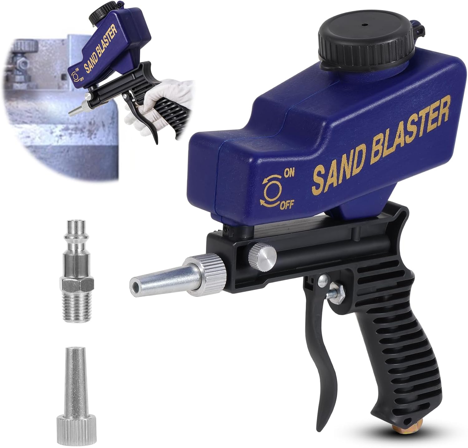 Sand Blaster Gun - Gravity Feed Sandblaster Gun for Metal, Wood Paint/Rust Removal and Glass Etching - Handheld Sand Blaster Gun for Air Compressor, Up to 70-150 PSI Blasting Media, Blue
