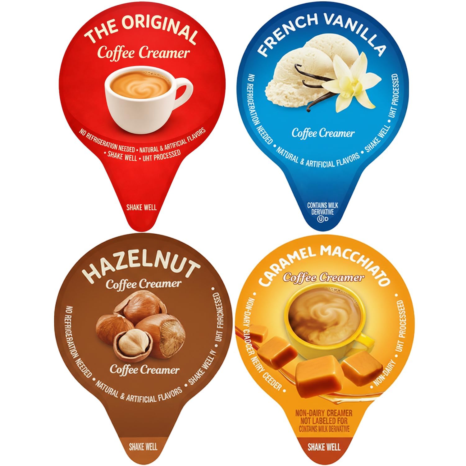 Coffee Creamer Liquid Singles Delight Caramel Macchiato, French Vanilla, Hazelnut and Mini Moo's Half and Half Creamer Variety (32 Pack), 4 Flavor Assortment Coffee Creamer Singles for Home, Office, Coffee, Bar, Gift