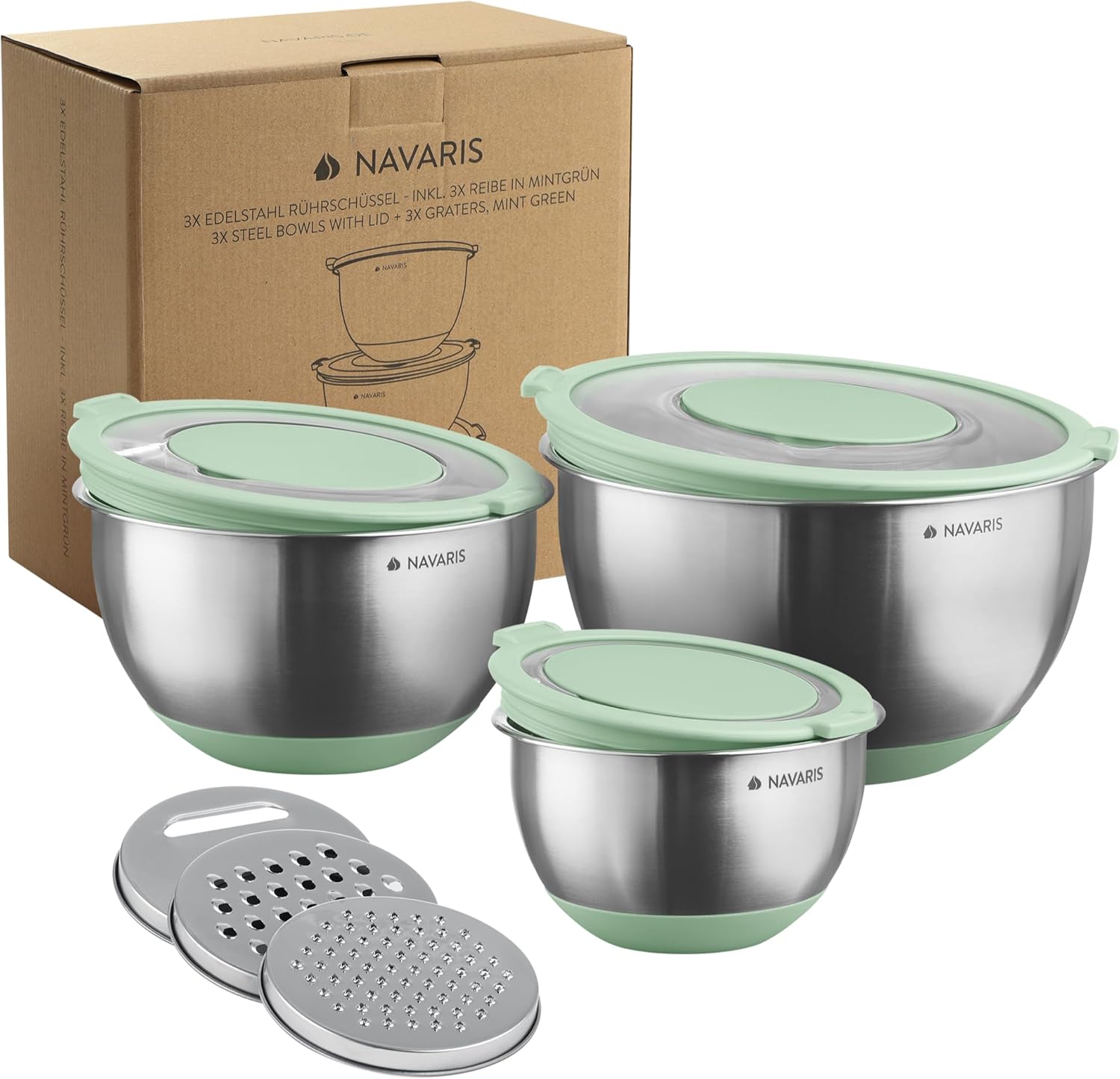Navaris Stainless Steel Mixing Bowls with Graters (Set of 3) - Baking or Cooking Bowl Set with Lids, Grater Attachments, Non-Slip Silicone Base - Mint Green