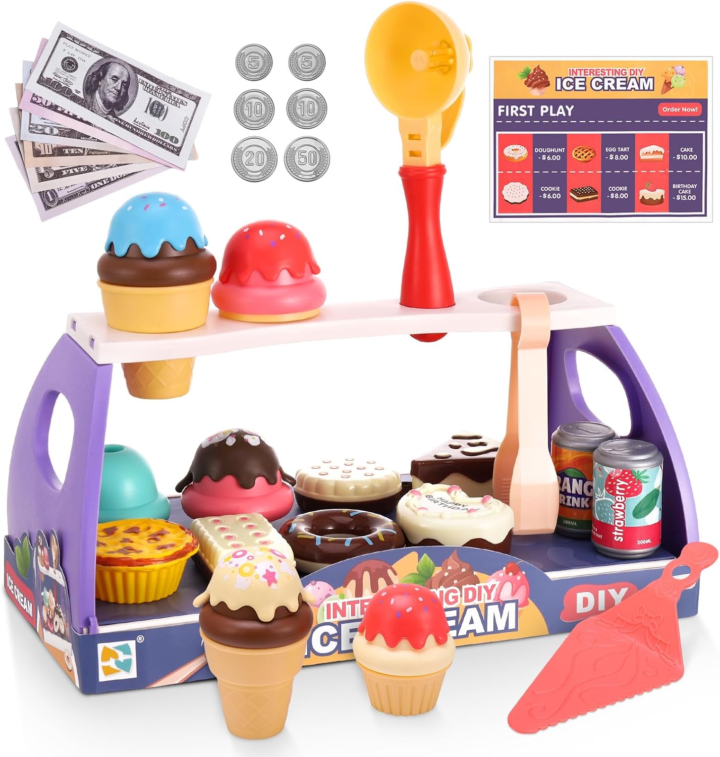 Ice Cream Toy Shop Playset - Pretend Food Toys for Kids, Play Kitchen Accessories, Counter Shop - Perfect for 3-6 Year Olds