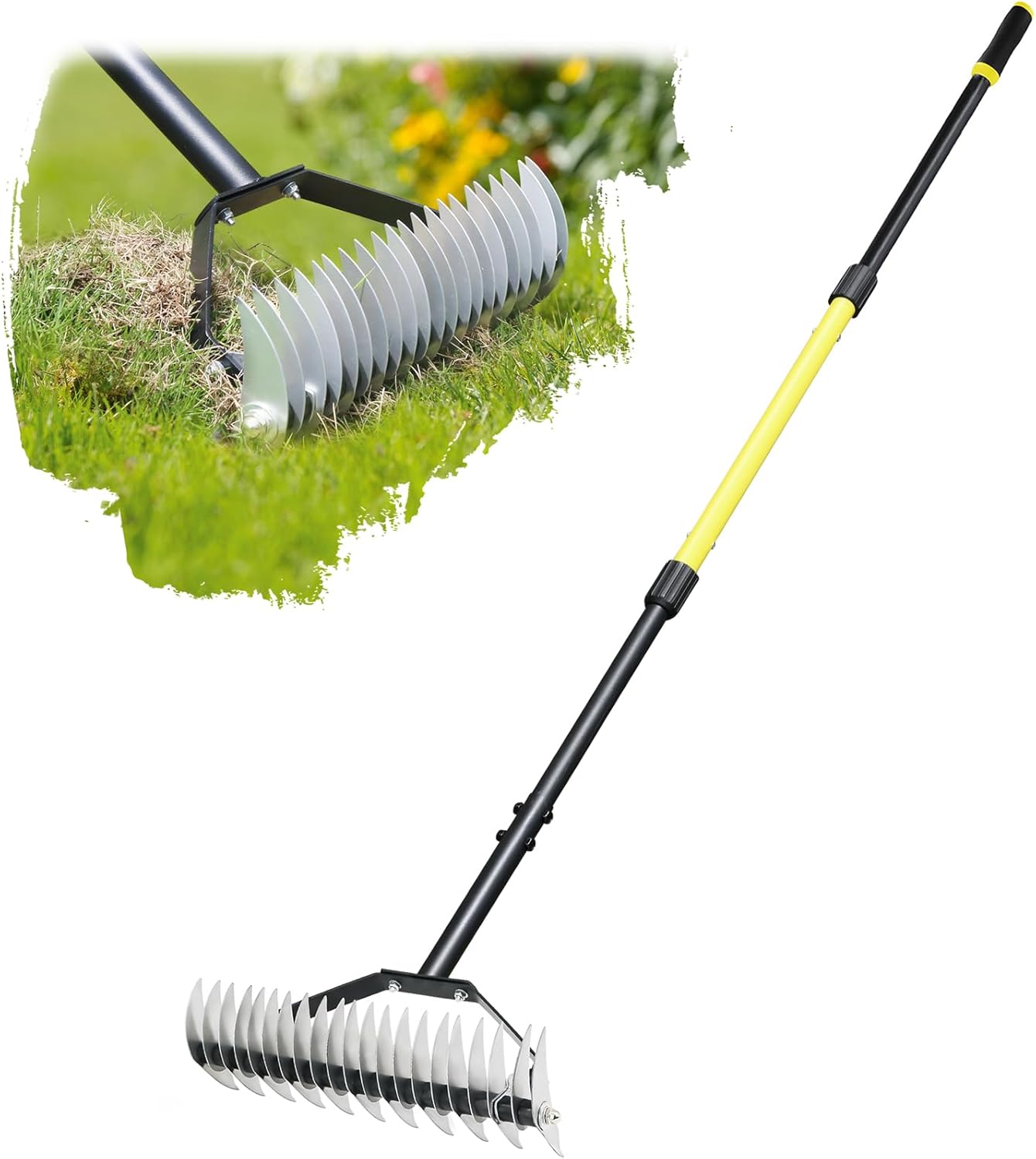 JARDINEER Thatch rake & Manual Dethatcher Tool- Heavy Duty Dethatching Rake for Lawn Care with 21 Stainless Steel Tines-15-Inch Wide Thatching Rake for Efficient Grass De-thatching