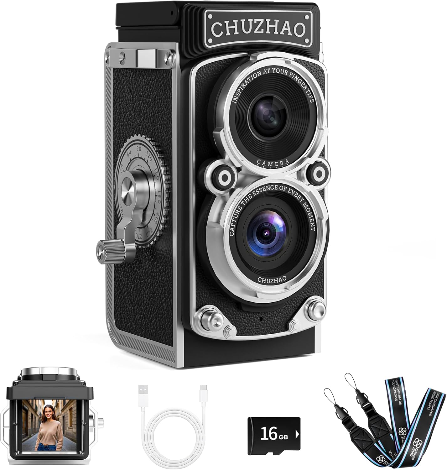 CHUZHAO Mini Retro Digital Camera - Vintage TLR Style Point and Shoot Auto Focus Vlogging Camera, Compact & Portable, 16GB Card Included, Ideal for Beginners, Teens, Kids and Adults