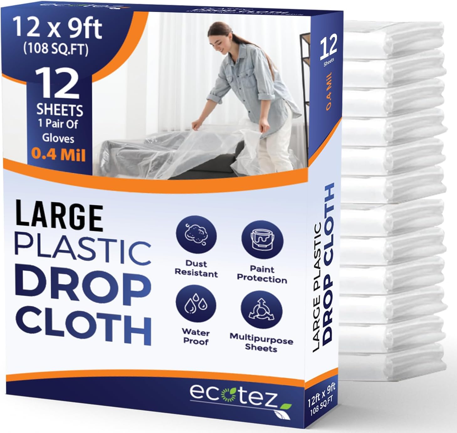 12 Pack 12 x 9 ft Extra Large Painter's Drop Cloth - Light & Durable Dust Cover - Clear Plastic Sheet - Paint Drop Cloth - Plastic Floor Protector