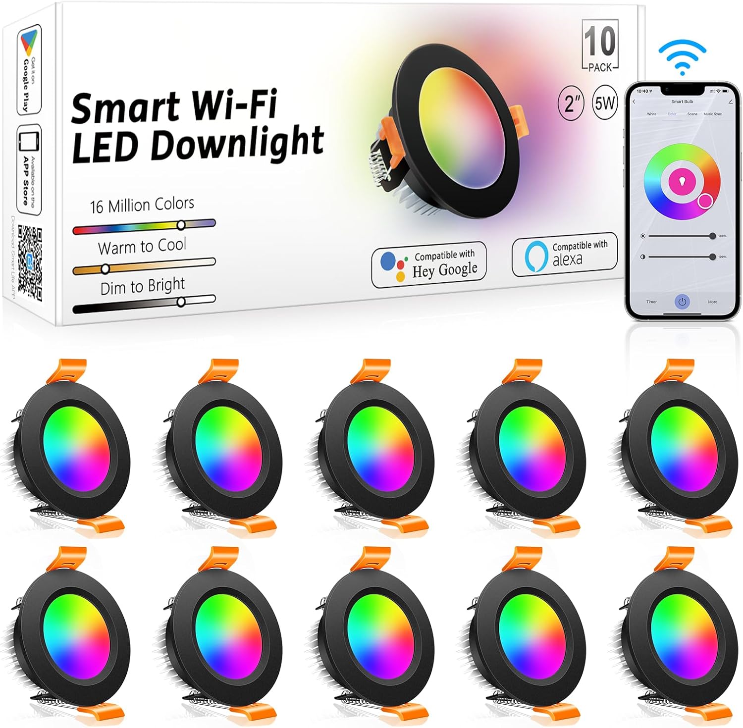 inShareplus 2 Inch Smart Recessed Lighting, 10 Pack WiFi Black LED Downlight 5W 120V, Dimmable RGBCW 2700-6500K Color Changing, Compatible with Alexa/Google, Ceiling Lights with LED Driver