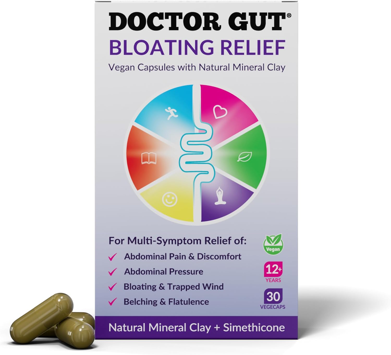 Doctor Gut Bloating Relief Capsules, 30 Caps - Stomach Pain Relief, Bloating Relief, Trapped Wind & Gas Relief - Drug-Free, Natural Clay, Expels Harmful Causes of Gas & Flatulence