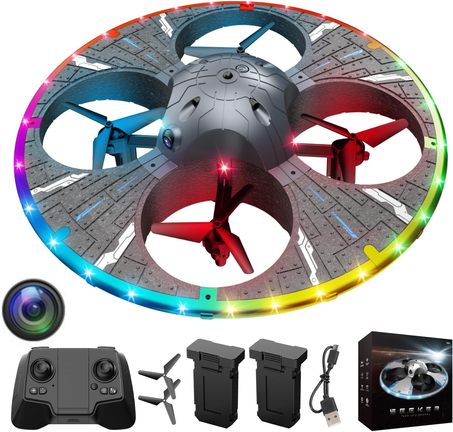 Round Foam RC UFO Drone with Camera – Smart Obstacle Avoidance, Multi-Color LED Lights (Color Switching), 360° Flips, Throw-to-Fly, Speed Adjustment, Remote Control Plane Helicopter, One-Key Takeoff/Landing, Headless Mode, Altitude Hold, Image Transmission, Beginner-Friendly FPV Quadcopter (Black)