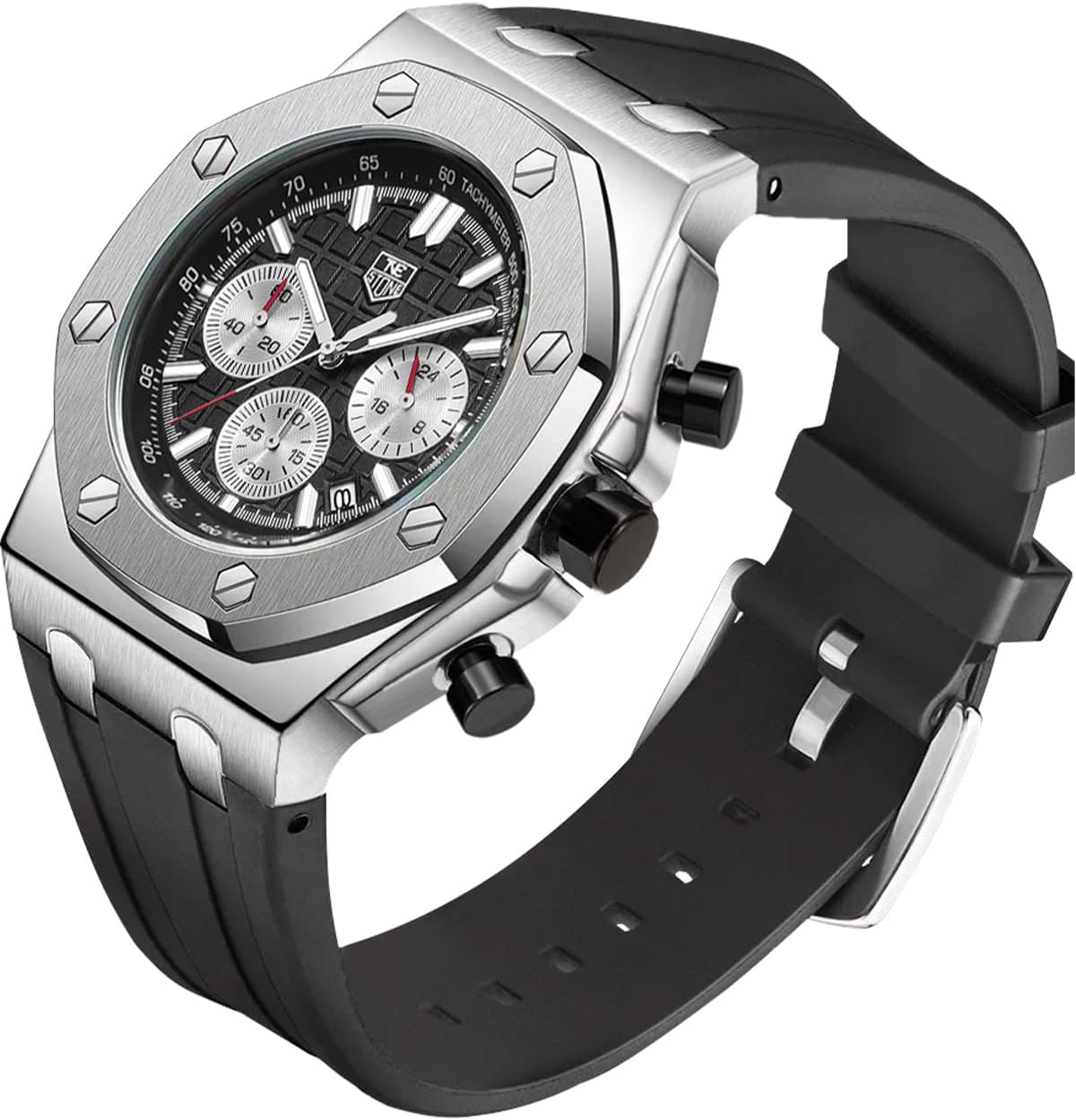 Men's Watch Silicone Band, Quartz Analog Waterproof Multifunction Chronograph Sports Watch for Men with Calendar Black Rubber Strap