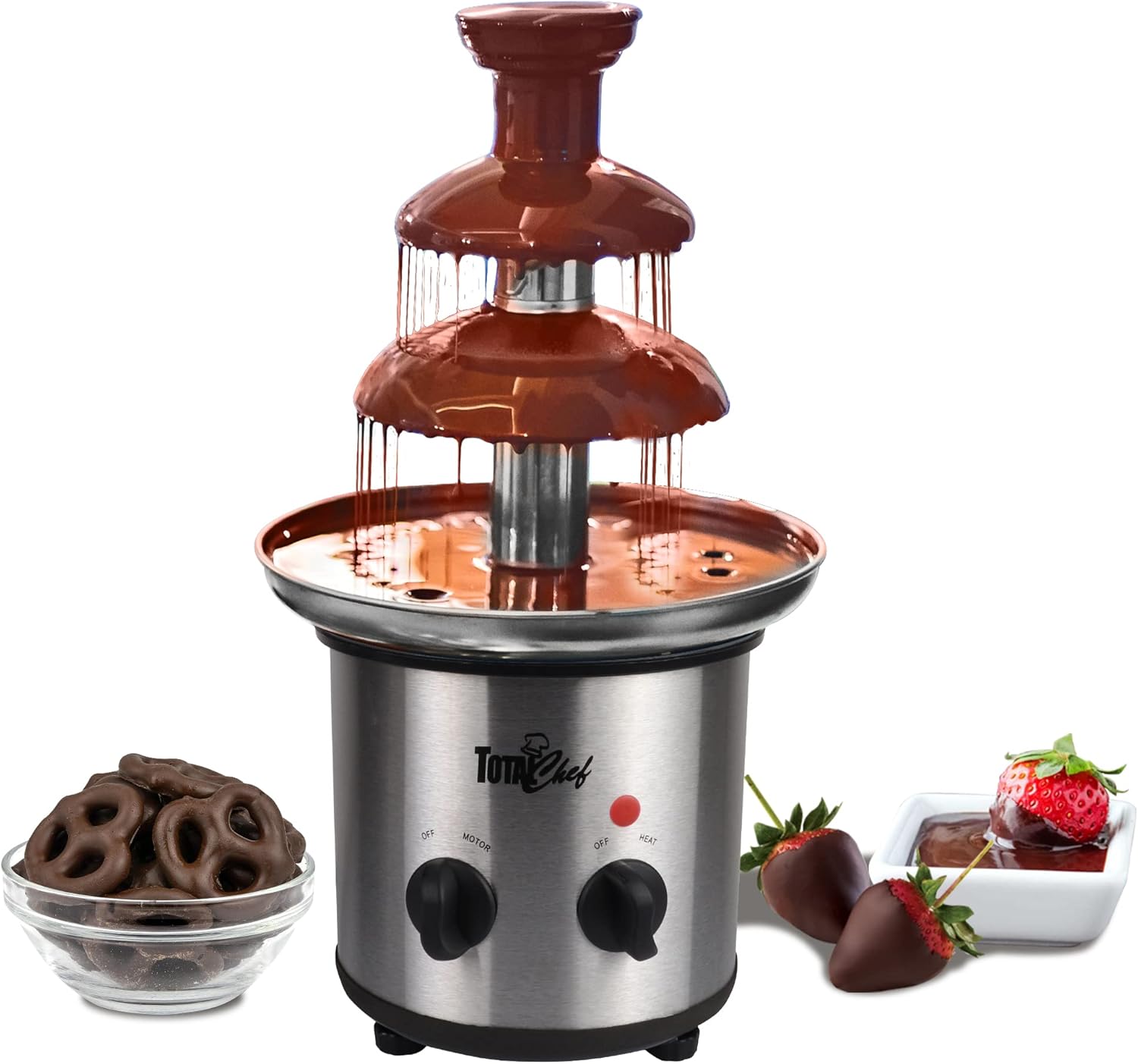 Total Chef Chocolate Fountain Large Fondue Set Electric 3-Tier Machine with 680g Capacity Temperature Dial Hot Melting Pot Base Great for Candy Parties Weddings Bar Buffet Kids Stainless Steel