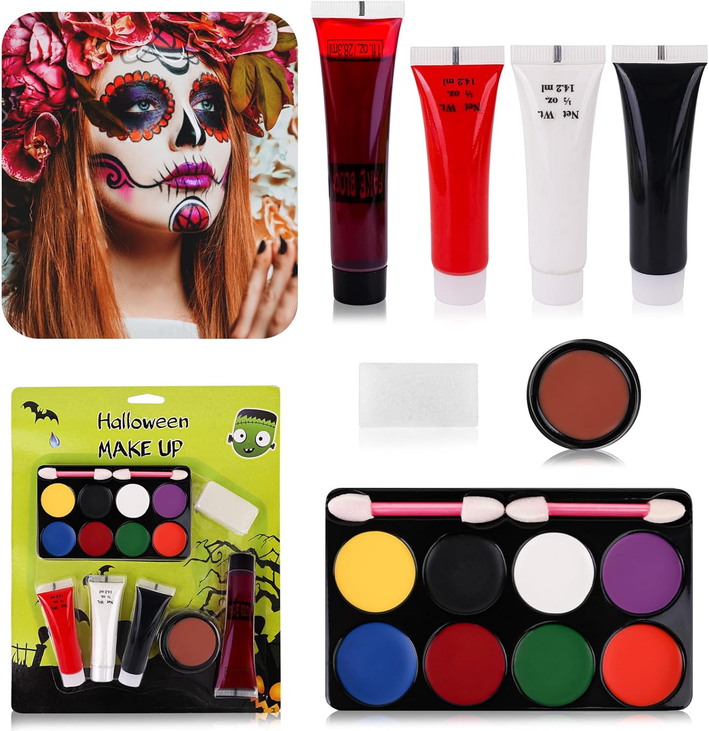 Halloween SFX Makeup Kit, Halloween Fake Blood Set with Scar Wax, 8 Colours Face and Body Paint, Fake Blood Dripping Realistic, Washable and Safe for Halloween, Stage, Costumes