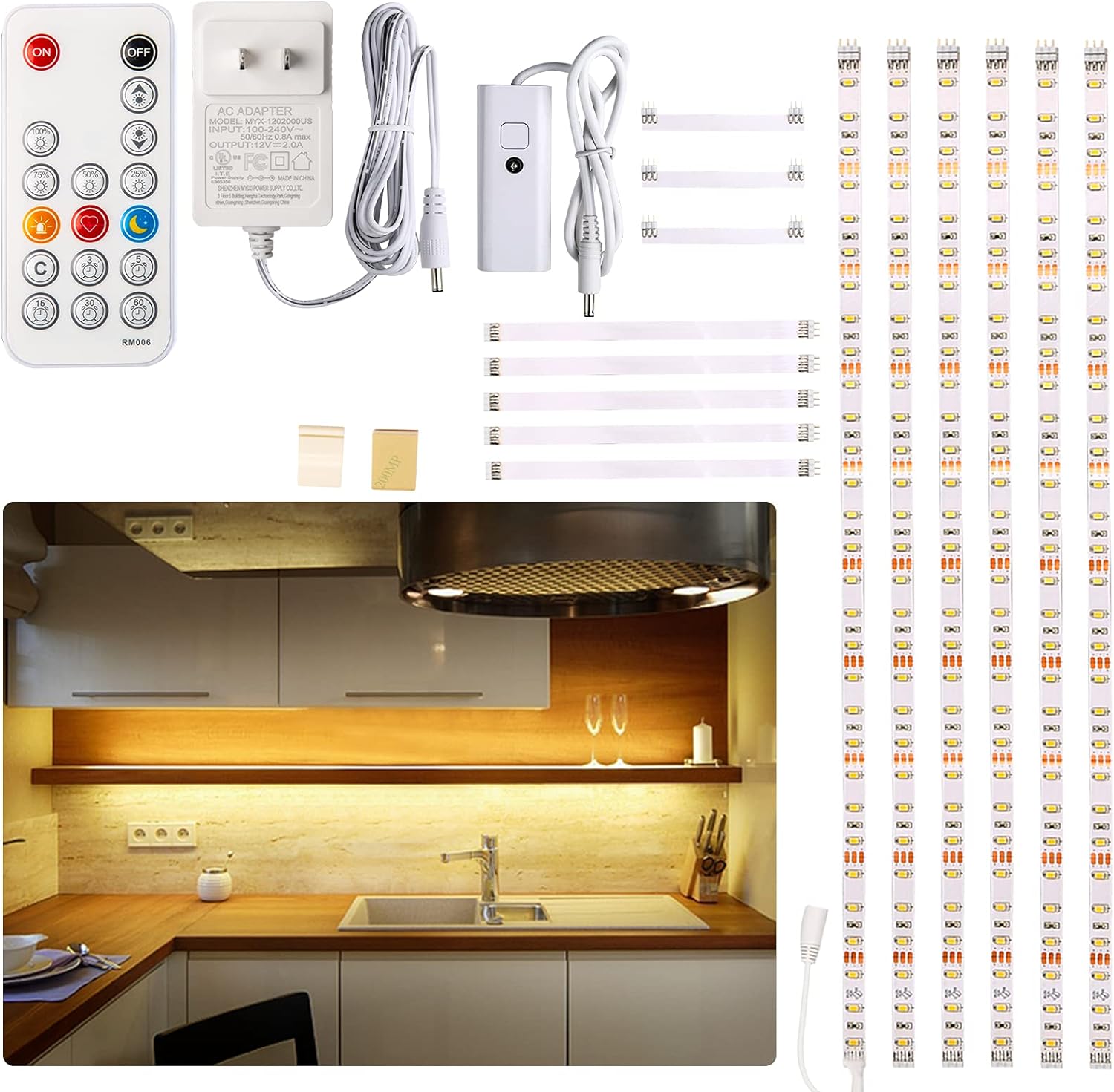 Under Cabinet LED Lighting kit, 6 PCS LED Strip Lights with Remote Control Dimmer and Adapter, Dimmable for Kitchen Cabinet,Counter,Shelf,TV Back,Showcase 2700K Warm White, Bright, Timing