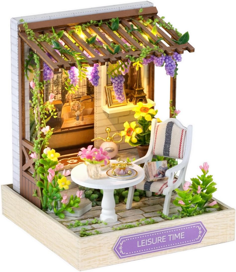 CUTEROOM DIY Miniature House Kit, Wooden Dollhouse Kit Mini House Making Kit with Furnitures and Dust Cover (Leisure Time)