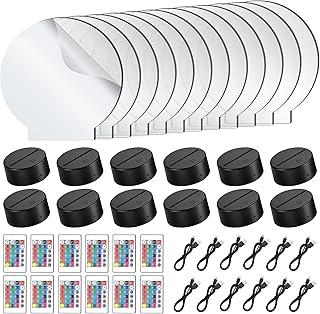 12 Pieces Clear Acrylic Sheets and 12 Pieces 3D Night LED Light Lamp Base with Remote Control and USB Cable, DIY Acrylic Lamp Base Set for Restaurant Bar Cafe Shop Room Decoration (Round)