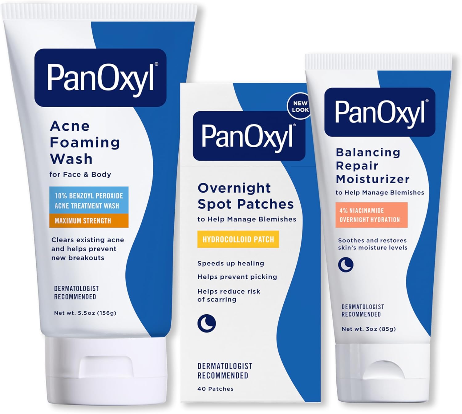 PanOxyl Before Bed Skincare Routine Bundle - Acne Foaming Wash Benzoyl Peroxide 10%, PM Overnight Spot Patches & PM Balancing Repair Moisturizer