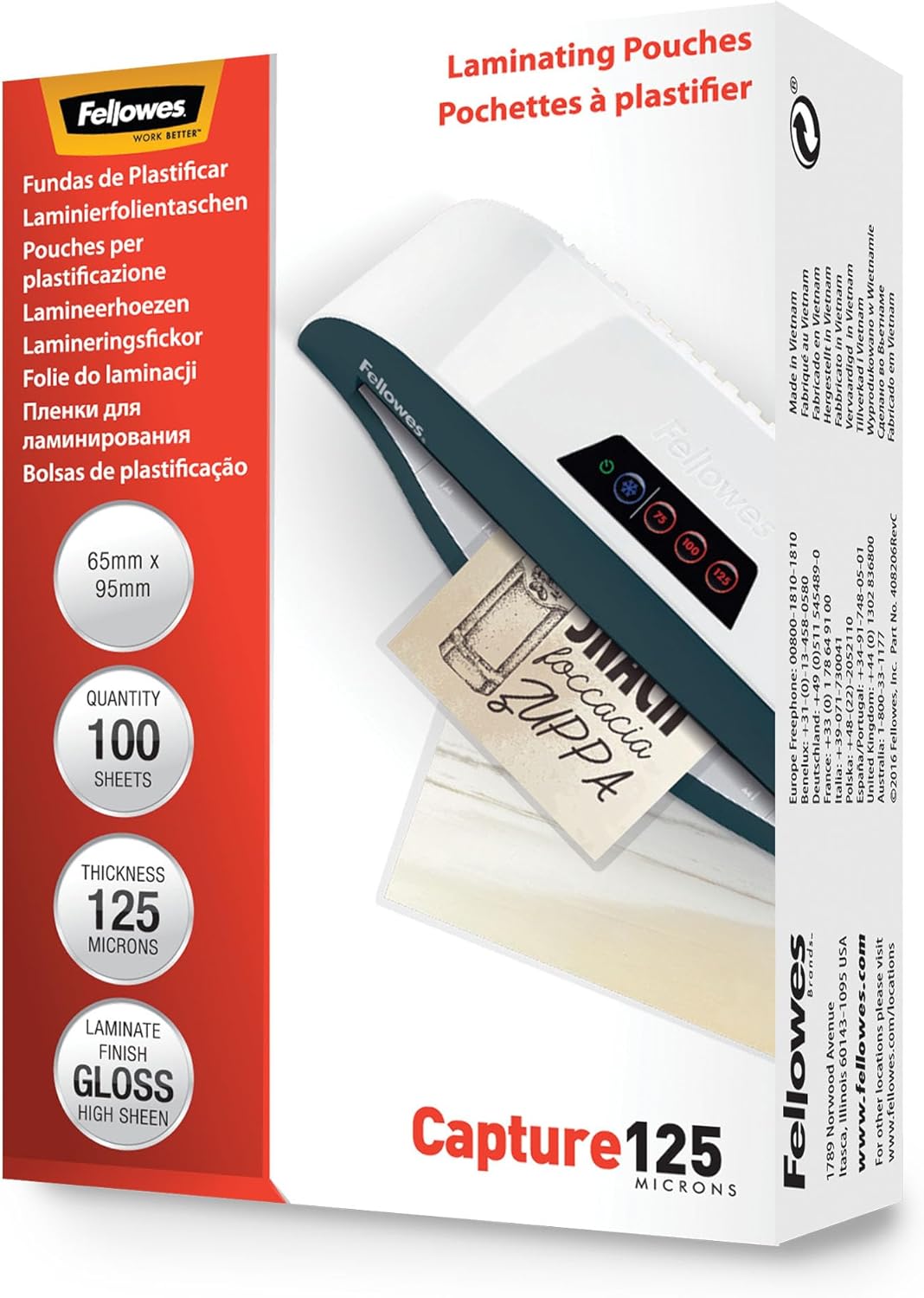 Fellowes Capture 65x95mm 125 Micron Glossy Laminating Pouches (Pack of 100)