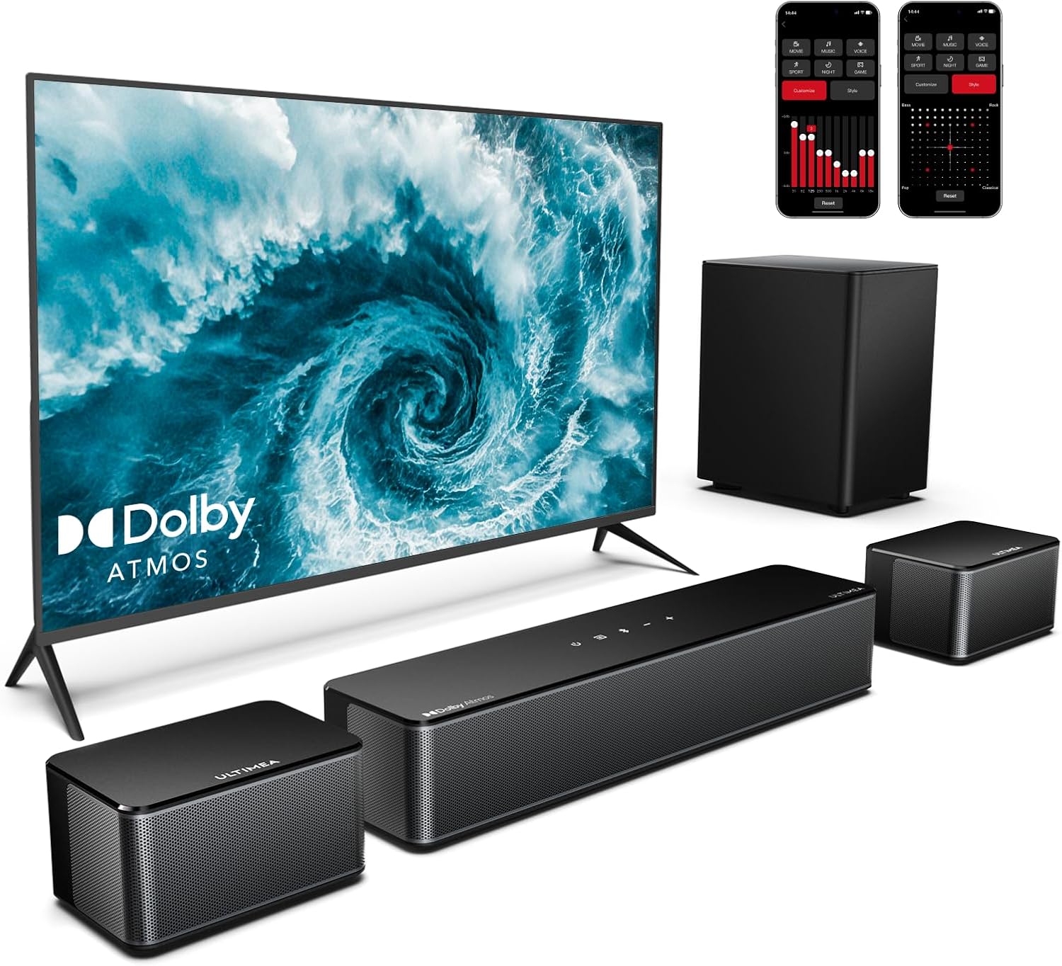 ULTIMEA 5.1 Sound Bar with Dolby Atmos, 410W Surround Sound System for TV, 3D Sound Bars for Smart TV with Subwoofer, Adjustable Surround and Bass, Home Audio Soundbars for TV, HDMI eARC, Poseidon D60