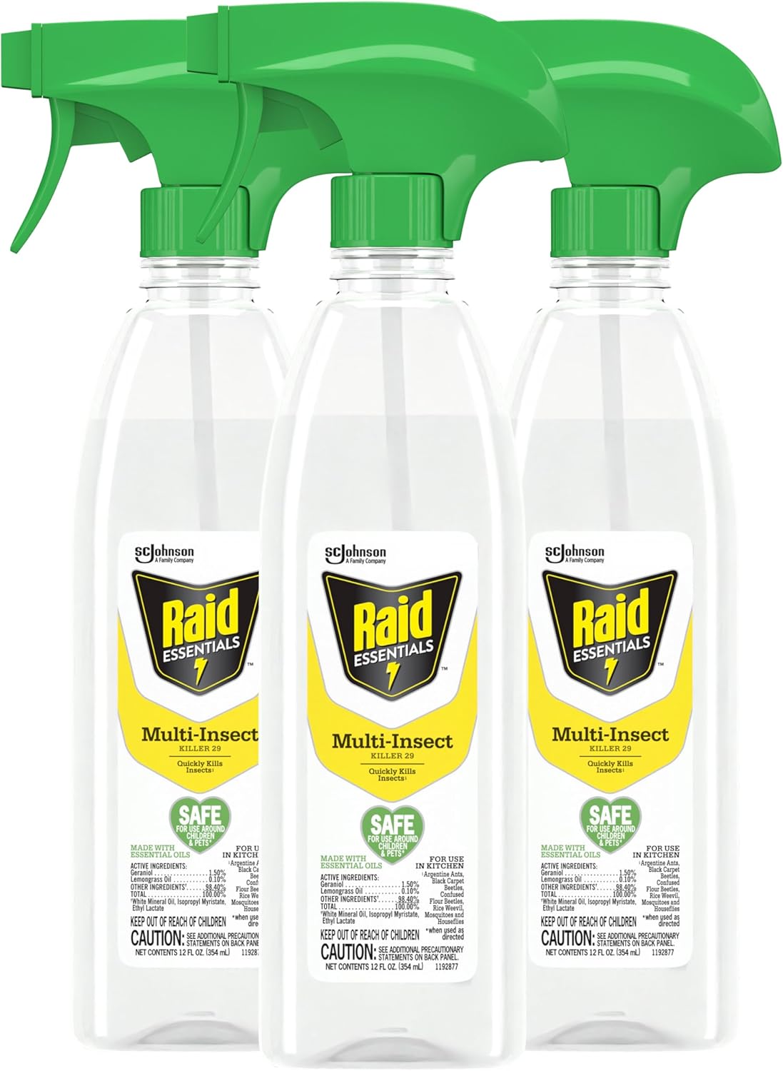 Raid Essentials Multi-Insect Killer Spray Bottle, Child & Pet Safe, for Indoor Use, 12 oz (Pack of 3)