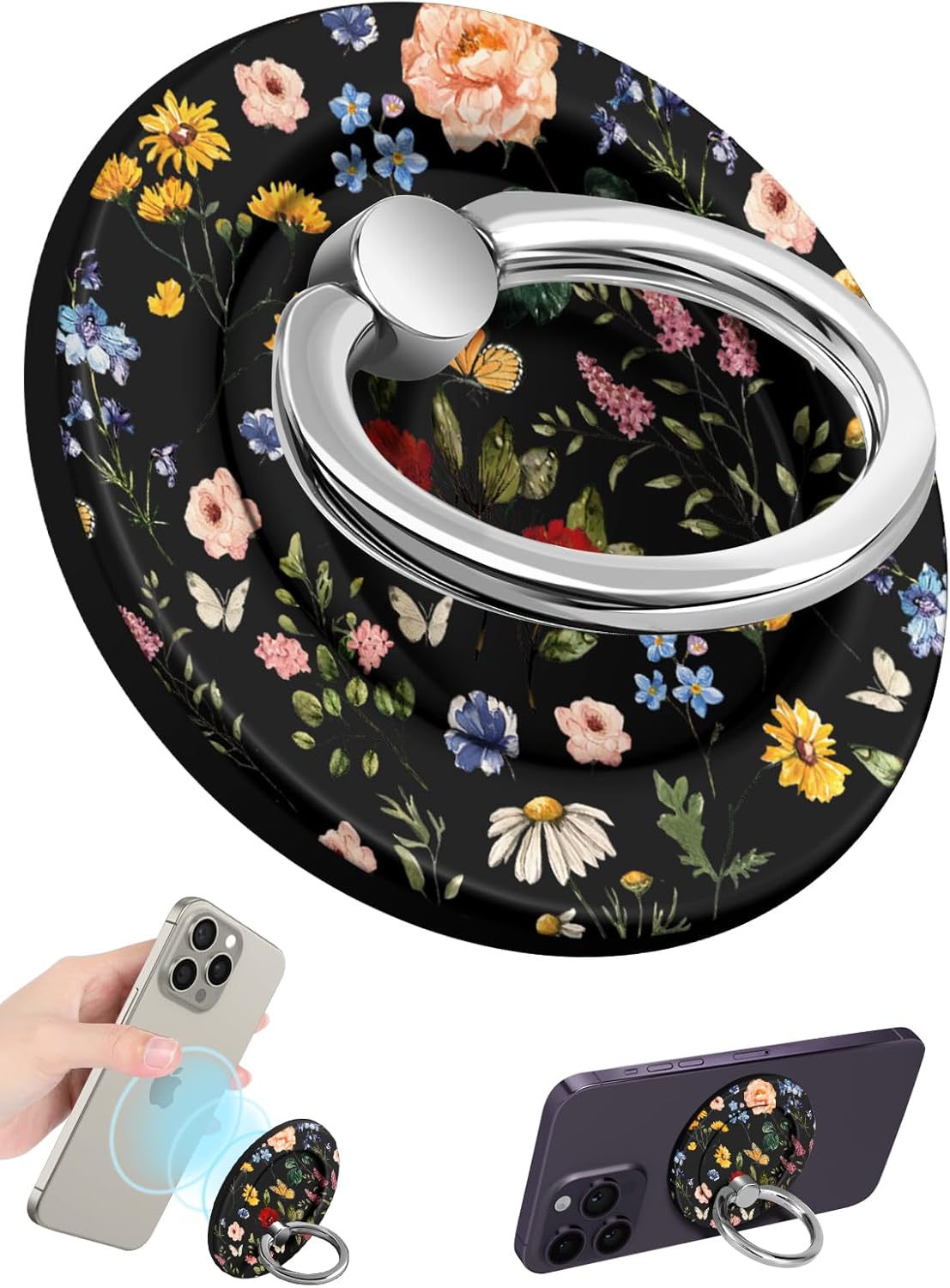 for Magnetic Phone Ring Holder Compatible with MagSafe for Women - Cute Design Magnet Phone Grip Ring Stand Kickstand for iPhone 16 Pro Max/16 Pro/16/15/14/13/12 Series, Retro Flower