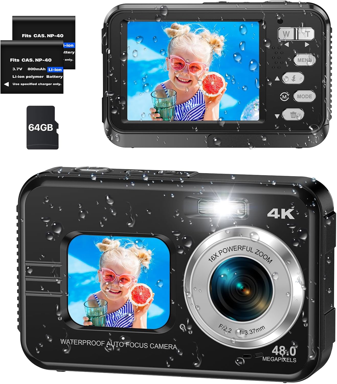 4K Underwater Camera with 64GB Card, 11FT Waterproof Camera Dual-Screen Selfie Underwater Cameras for Snorkeling 16X Digital Zoom Waterproof Digital Camera 2 Batteries (Black)