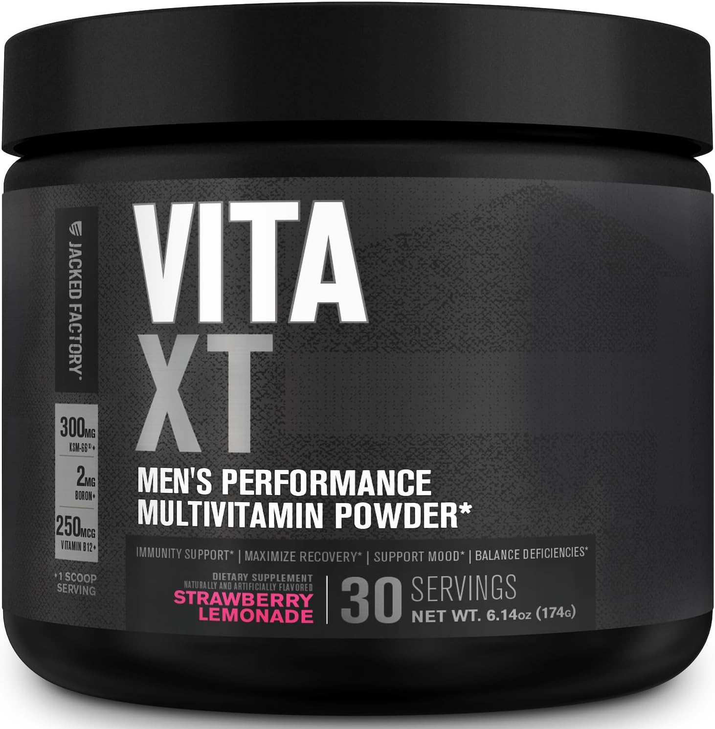 Jacked Factory Vita XT Performance Vitamin Powder - Daily Multivitamin Powder for Men with KSM-66 Ashwagandha, Prebiotic Fiber, Vitamin A, C, D, K, B6, B12, & More - Strawberry Lemonade, 30Sv