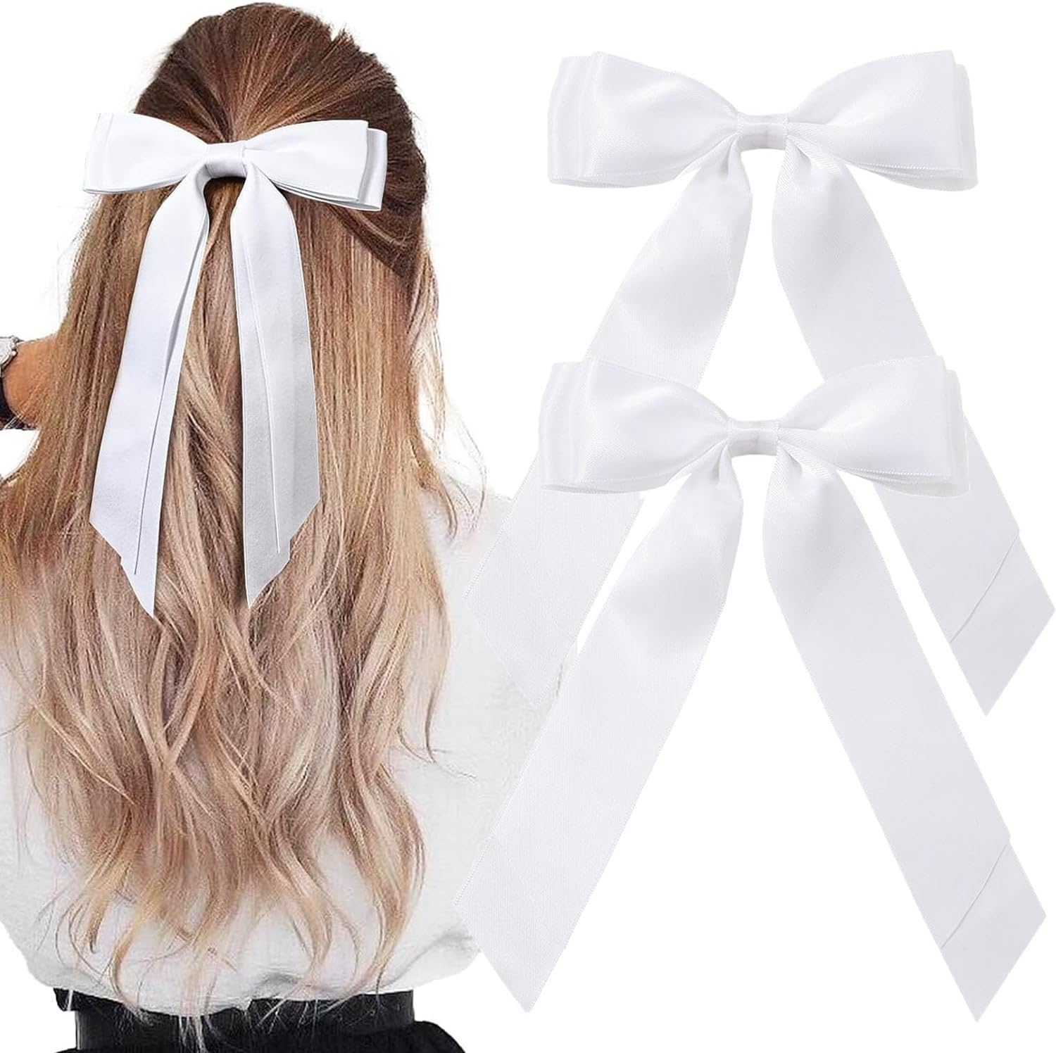 2 Pack Ribbon Bows for Hair, White Bow Hair Clips with Long Tails Hair Ribbons for Girls Women (White)