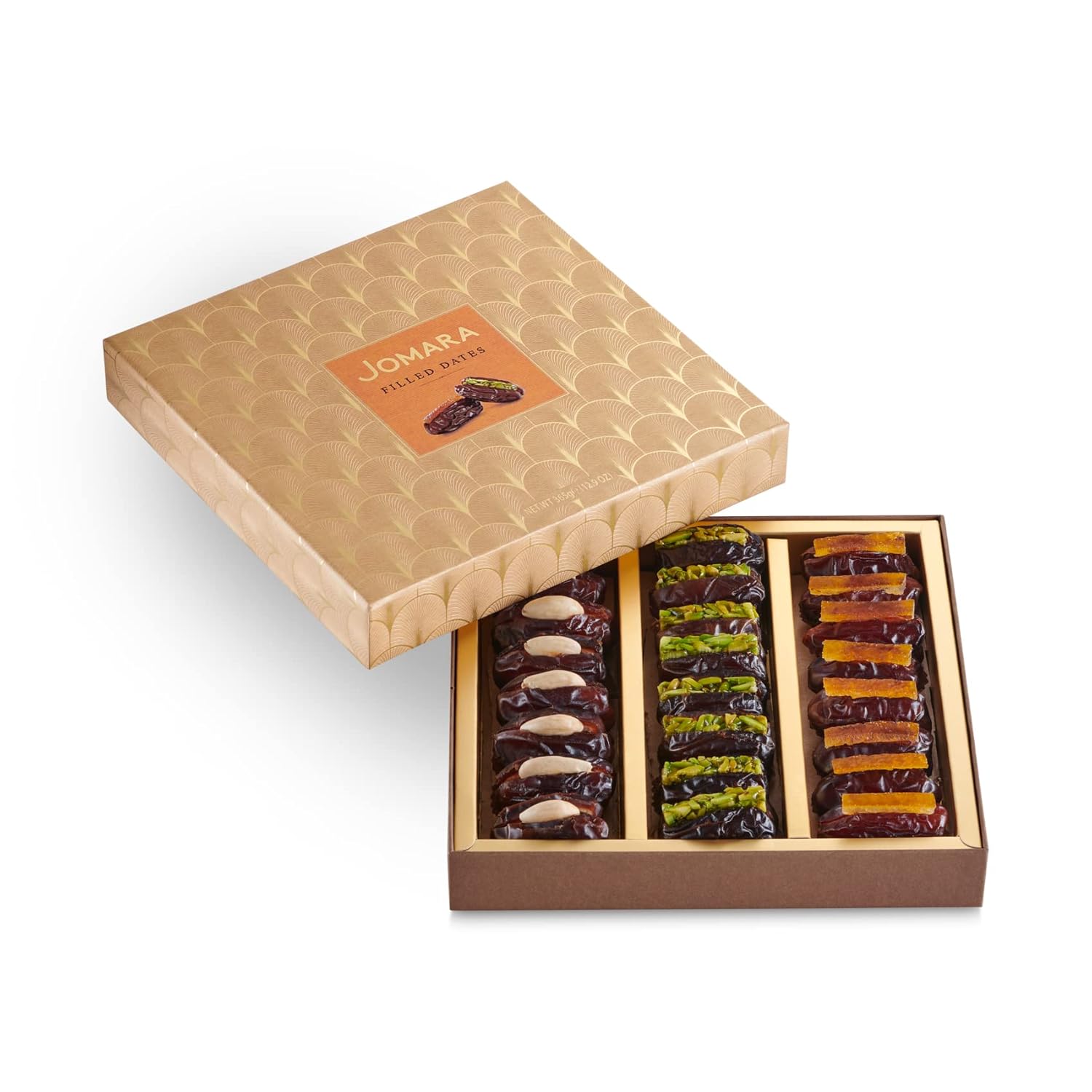 Jomara Premium Filled Dates Gift Pack 12.9oz (365g) – 3 Flavors: Orange Peel, Pistachio, Roasted Almond – Natural Dried Fruit Snack, High Fiber, Halal, Vegan