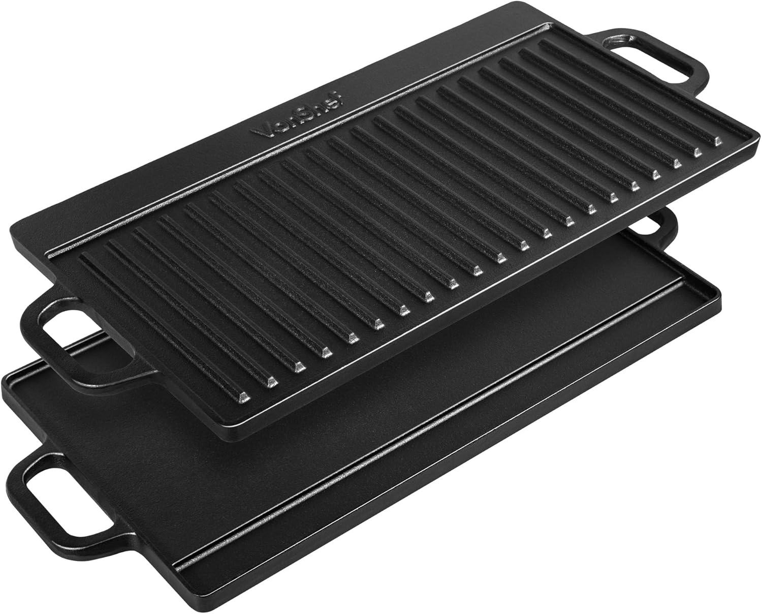 VonShef Reversible Griddle Pan, Pre-Seasoned Non-Stick Cast Iron BBQ Griddle with Handles, Oven Safe Flat Pan for All Hob Types